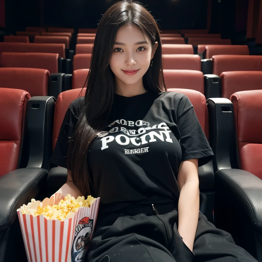 20 year old girl,Beautiful girl,big breast,long hair, oversized black t-shirts and pant, cute smile,cute girls bag on back , two popcorn bucket on both side ,popcorn in her hand,set on theater sit, comfortable sit, photo from cinema theater, ready for movie show, crowded theatre,8k , 16k, hyper realistic, hyper details, dark light,
