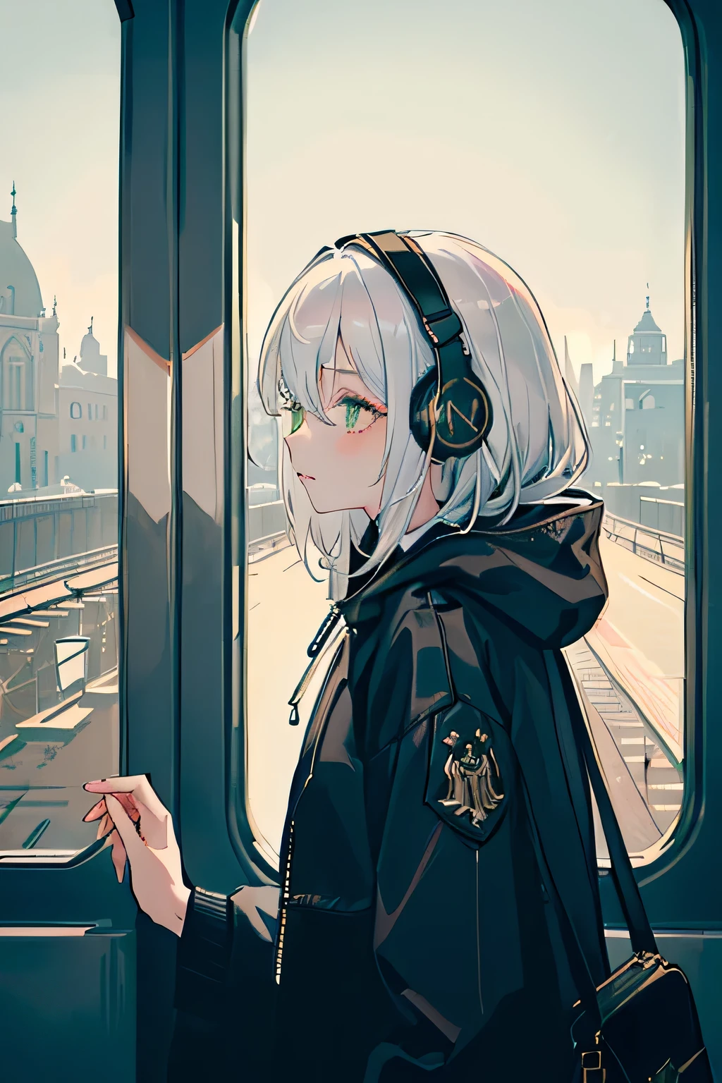 (masterpiece, sidelighting, ultra-detailed, finely detailed beautiful eyes: 1.2), 1girl, bag, building, from side, headphones, hood, hood down, black hooded jacket, hoodie, jacket, medium hair, white hair, profile, green eyes, solo, train, train interior, upper body, Masterpiece, best quality