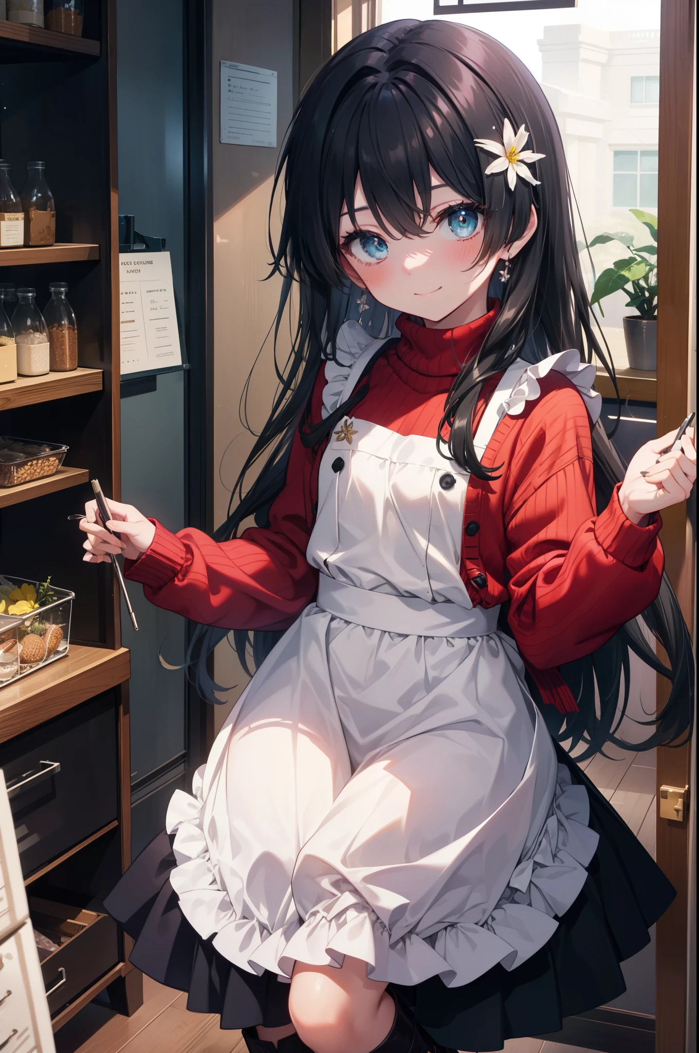Okay, saten ruiko, black hair, blue eyes, long hair, hair ornaments, Floral decoration, (flat chest:1.2),blush,smile,flower shopの店員,long hair,flower shop、sweater,long skirt,boots,apron,
break looking at viewer,
break indoors,
break (masterpiece:1.2), highest quality, High resolution, unity 8k wallpaper, (figure:0.8), (detailed and beautiful eyes:1.6), highly detailed face, perfect lighting, Very detailed CG, (perfect hands, perfect anatomy),