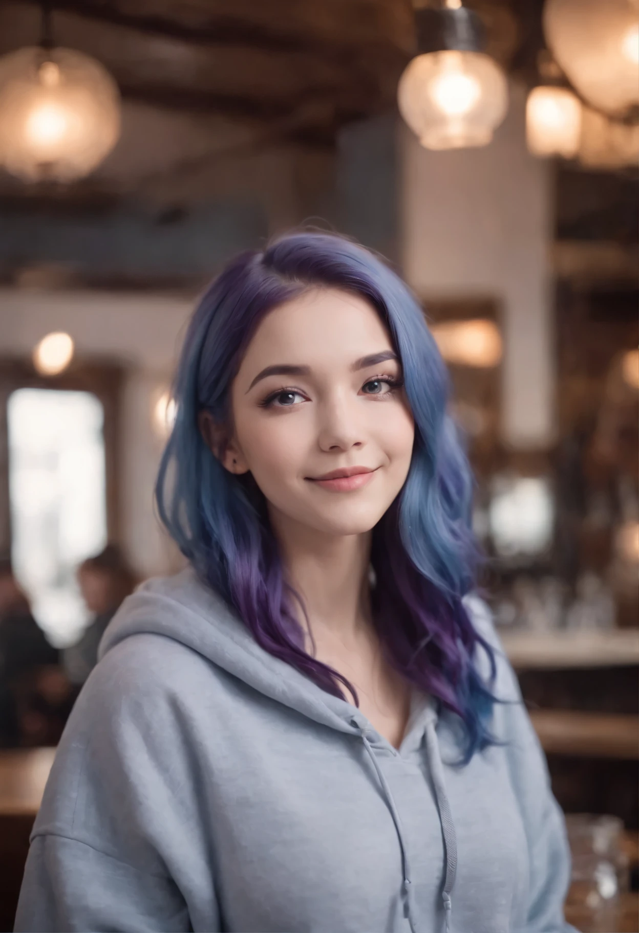 kawaii girl with blue purple hair, smiling at camera, wearing grey hoodie, inside the pub, ((slim)), big cleavage, long flowing blue purple hair