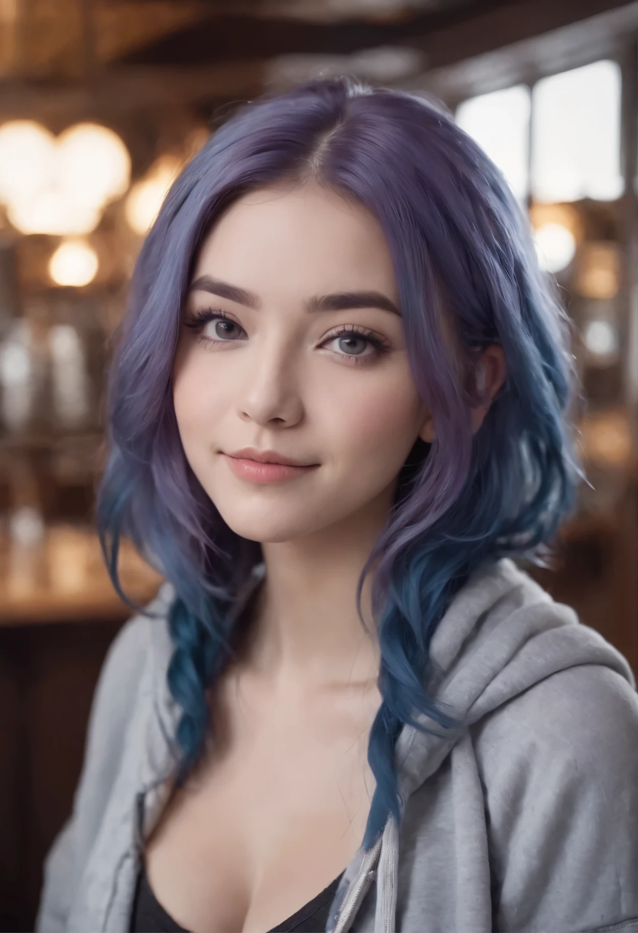 kawaii girl with blue purple hair, smiling at camera, wearing grey hoodie, inside the pub, ((slim)), big cleavage, long flowing blue purple hair
