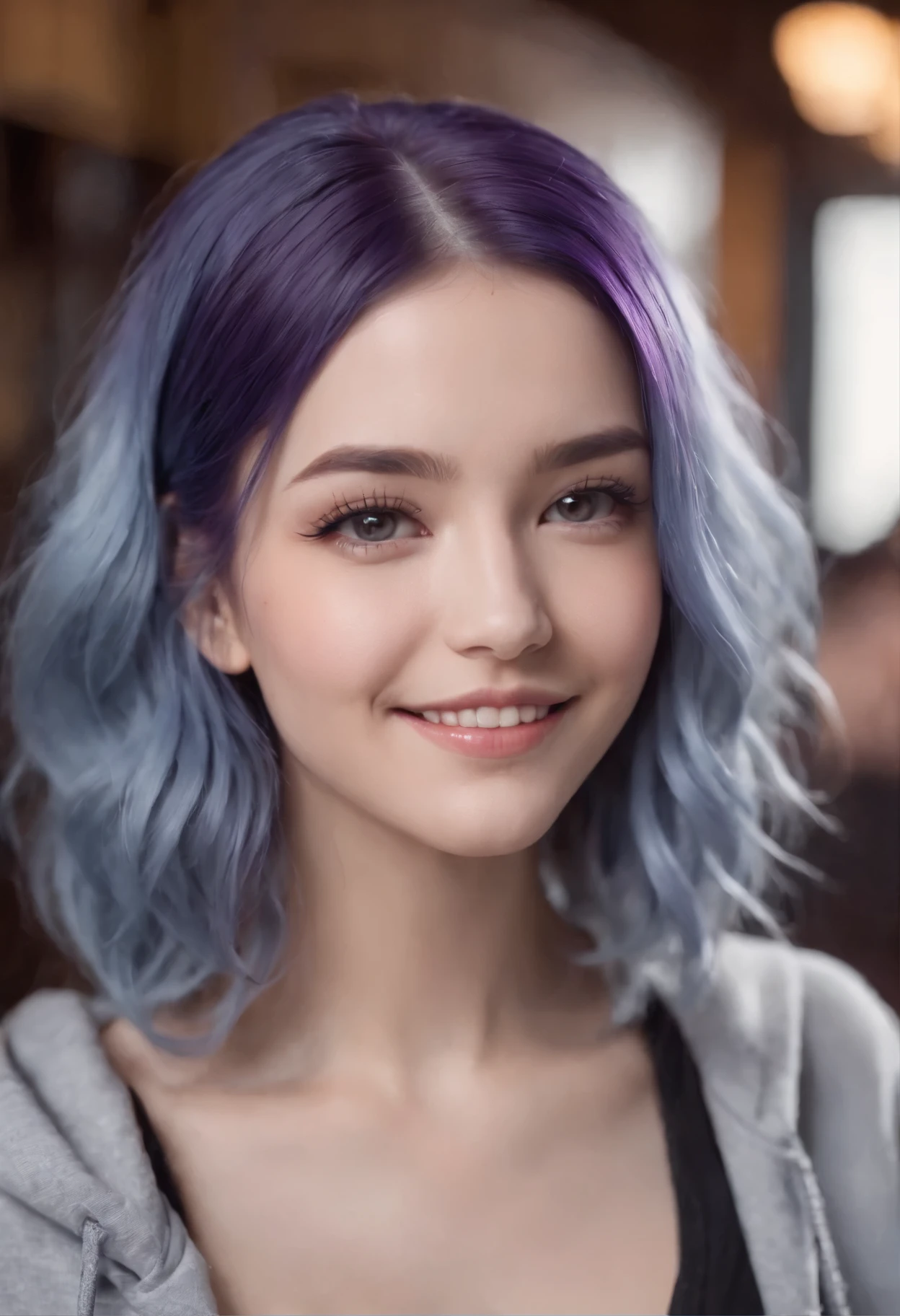 kawaii girl with blue purple hair, smiling at camera, wearing grey hoodie, inside the pub, ((slim)), big cleavage, long flowing blue purple hair