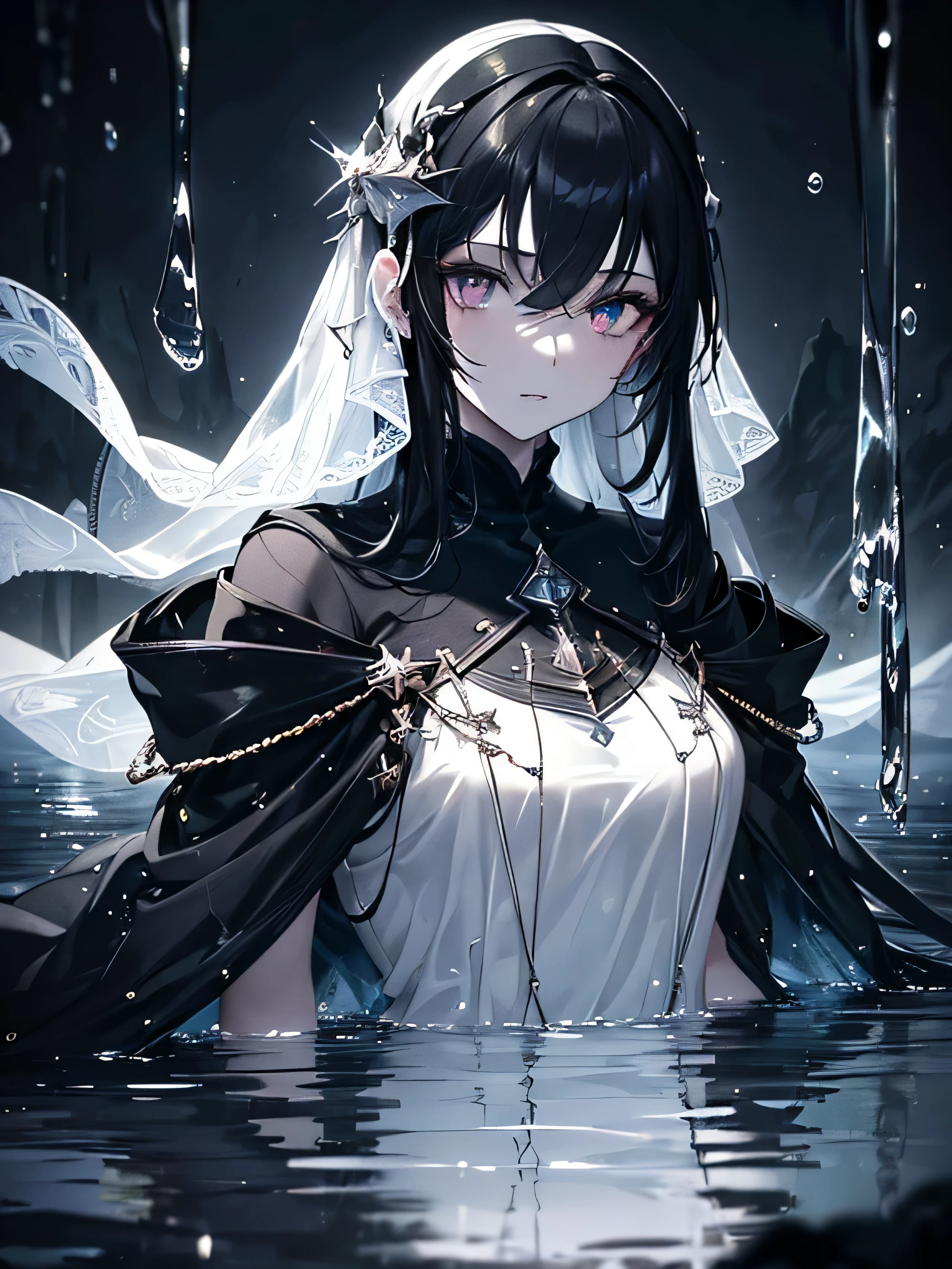 (masterpiece,highest quality,Super detailed),1 girl, black hair,beautiful and detailed face, fine eyes,looking at the viewer, multicolored eyes,((gray theme),white skin, shining eyes ,Ocean,((night)),dark environment,(underwater), ((fresco,fresh photos))