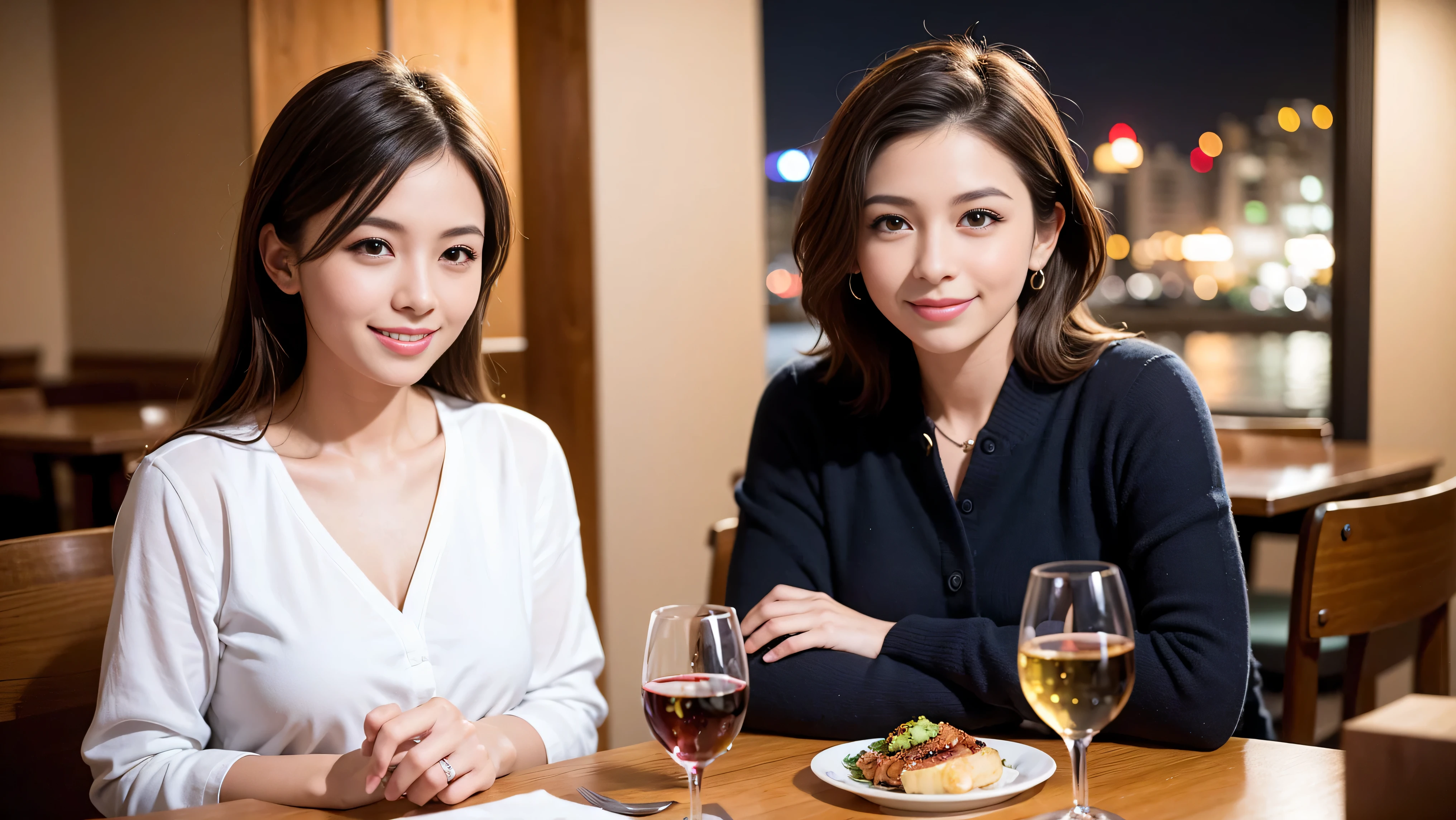 (including 64k, nffsw, highest quality, table top: 1.2), (realistic, photorealistic: 1.37), amazing sunset view、long sleeve shirt、winter fashion、Columbia、Brazilian、Japanese、Dutch、German、Portuguese、Belgian、Italian、French,Champagne、sparkling wine、 (slimフェイス), (slimボティ), (brown hair), (shortcut), neat beauty、cheeks turn a little red, (35 years old), 38 years old, alone, 窓の外には美しく緻密なnight景が広がります., restaurant, wine glassが座っている, nightに, in a prominent place (from the Upper body) nova frog style, actress, model, Upper body, White wine, slim, wine glass, Super Clean night View, wine glass Put in the Middle, Happy smile, (smile: 1.15), beautiful and detailed eyes, Upper body, bust japan up, night, short, short, actress, model, Upper body, White wine, slim, wine glass, Super Clean night View, wine glass Put in the Middle, Happy smile,