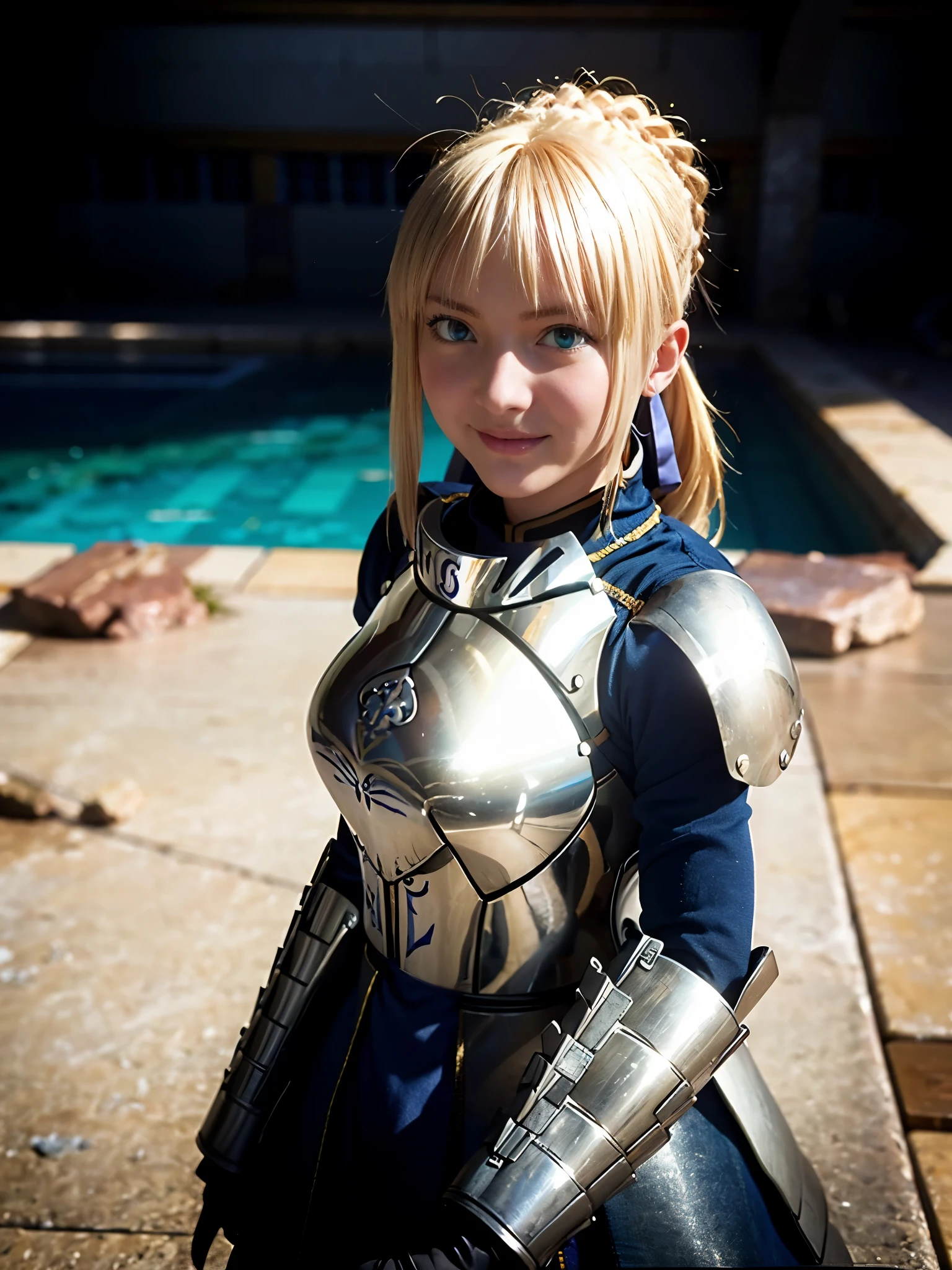 1girl,((())),(a blond), (braided single hair bun)), (huge breast:1.5), (((armor))), ((beautiful anime eyes with fine detail)), ((indigo blue ribbon)), (seductive smile:1.3), realistic skin, (intricate details), ((lighting forward)), depth field, ((ultra high resolution, high res)), {highres}, {{very fine 8KCG wallpapers}}, {{very precise detailed}}, ((((masterpiece)))),in sunlight poolside,