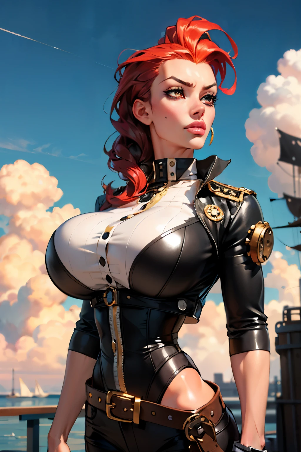 Girl with wavy red hair and rebellious, ((hair slicked back)), (angry eyes), ((dark circles around eyes)), golden eyes and tanned skin, Steampunk pirate style clothes, (gigantic breasts), background with clouds, realistic manhwa style.