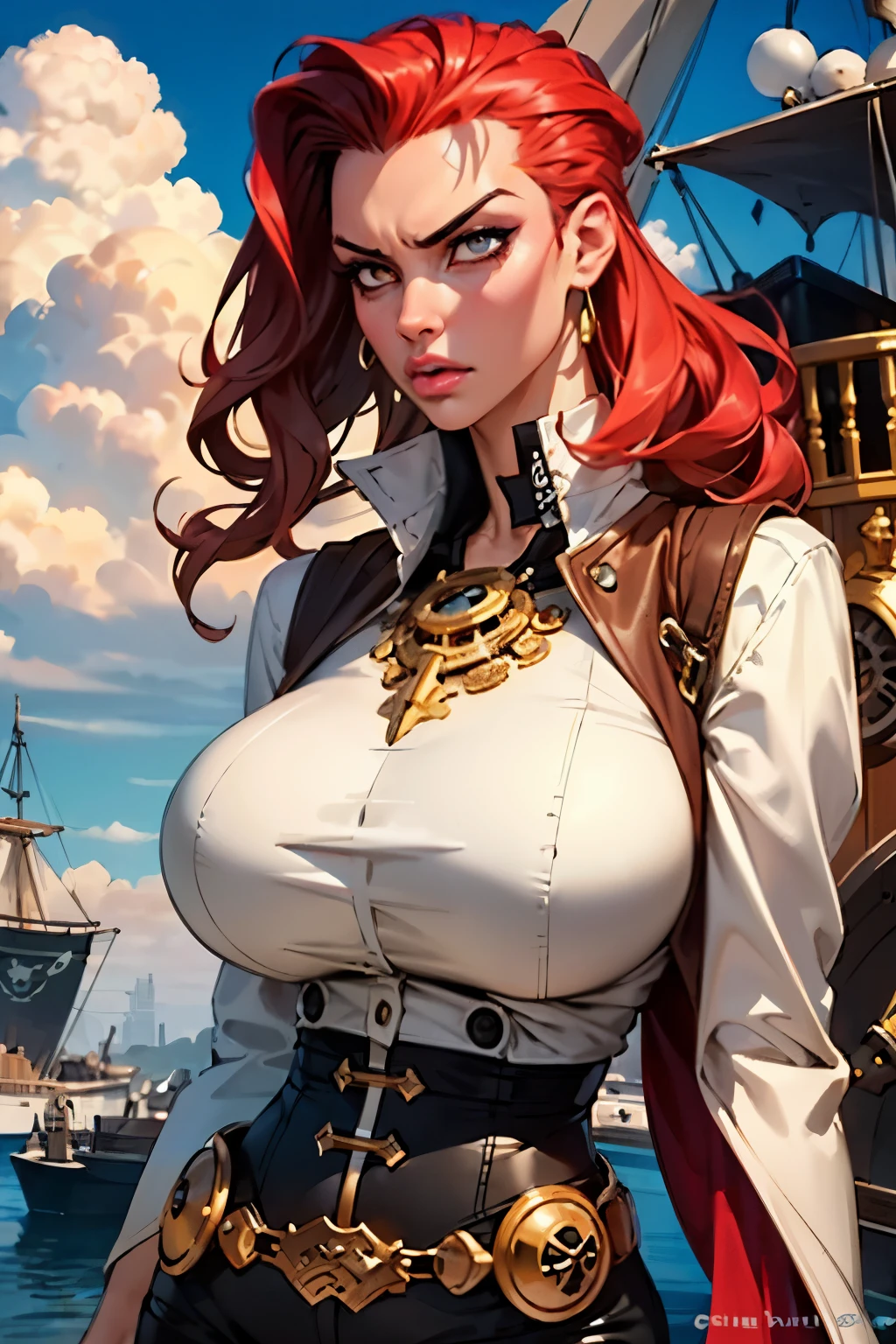 Girl with wavy red hair and rebellious, ((hair slicked back)), (angry eyes), ((dark circles around eyes)), golden eyes and tanned skin, Steampunk pirate style clothes, (gigantic breasts), background with clouds, realistic manhwa style.