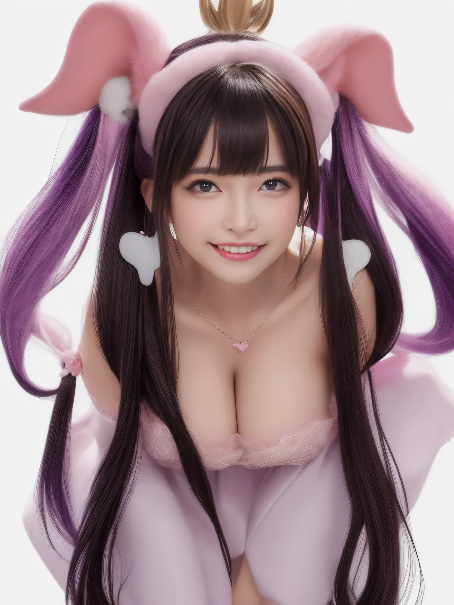 highest quality, masterpiece, High resolution, 一人in, {pamiin_marker_azur lane:1.15}, length_hair, chest, blush, purple_eye, big_chest, black_hair, smile, 前hair, Open_mouth, hin, One_~ side_Excellent, white_heaDwear, 1 girl, :D, animal_ear, cin_ear, forge_animal_ear, looking for_in_viewer, animal_hand, collarbOne, hand袋, hair_ornament, feet_hand袋, simple_background, white_background, just_shoulder, cleavage, teeth, pink_eye, heart, Excellentper_body