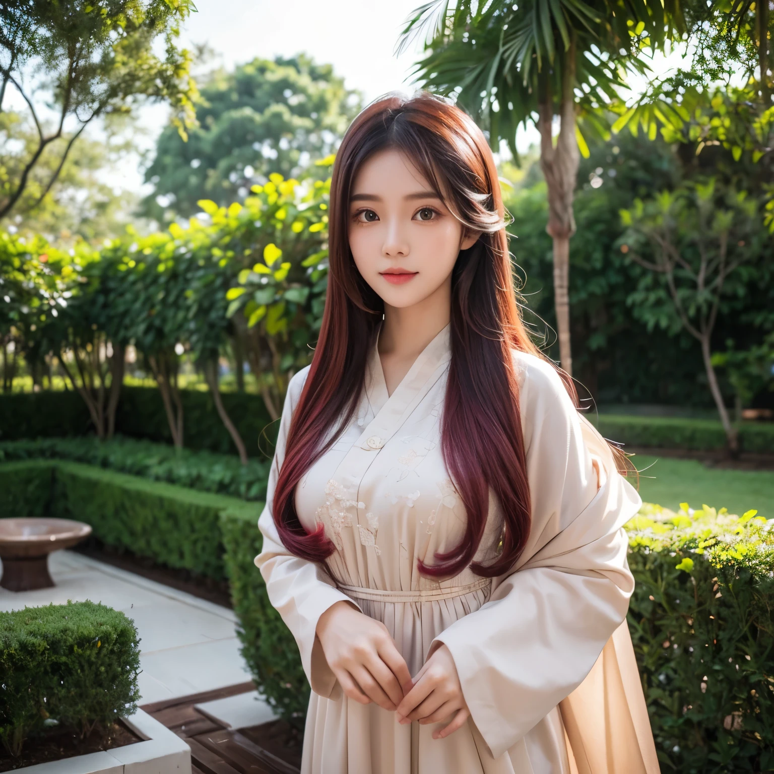 Indonesian beautiful girl,Long colored hair,Radiant face,eyes with brightness,DD cups,Background garden,