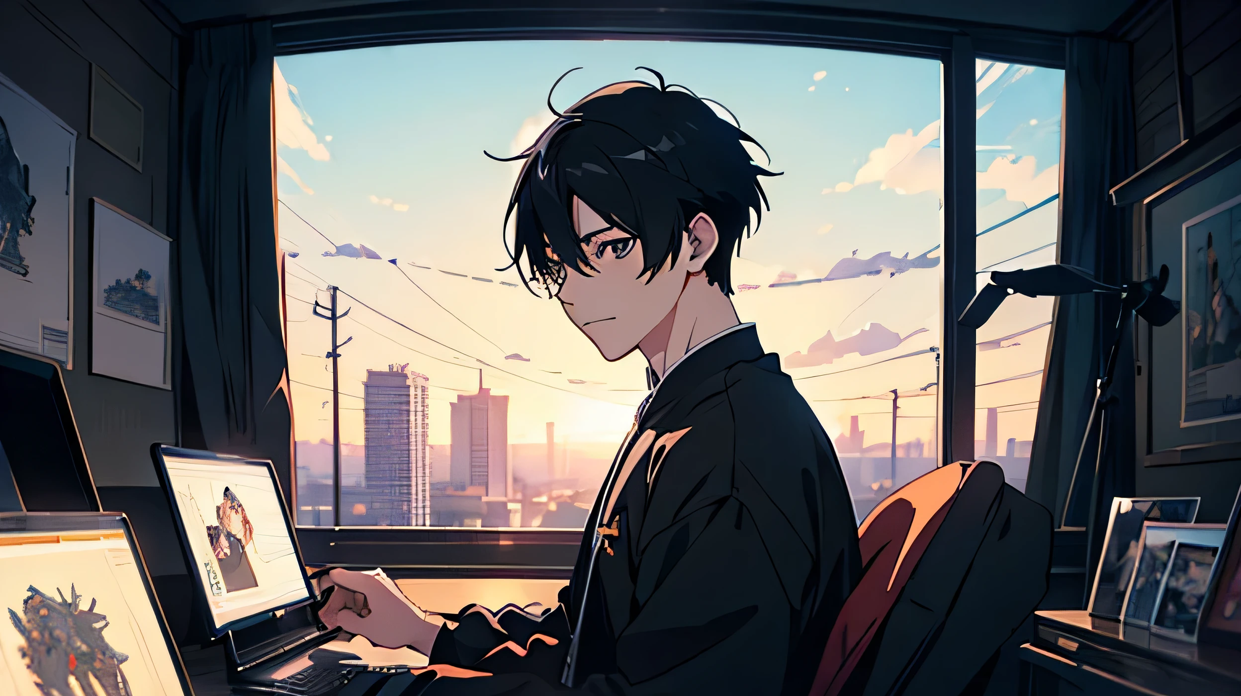 masterpiece, black hair, anime boy, Anime illustration by Atei Gairan, pixiv, analytical art, Atei Gailan 8K, digital anime illustration, Makoto Shinkai&#39;art style, lo-fi illustration style, Studio Gribly Makoto Shinkai, driving, smile 