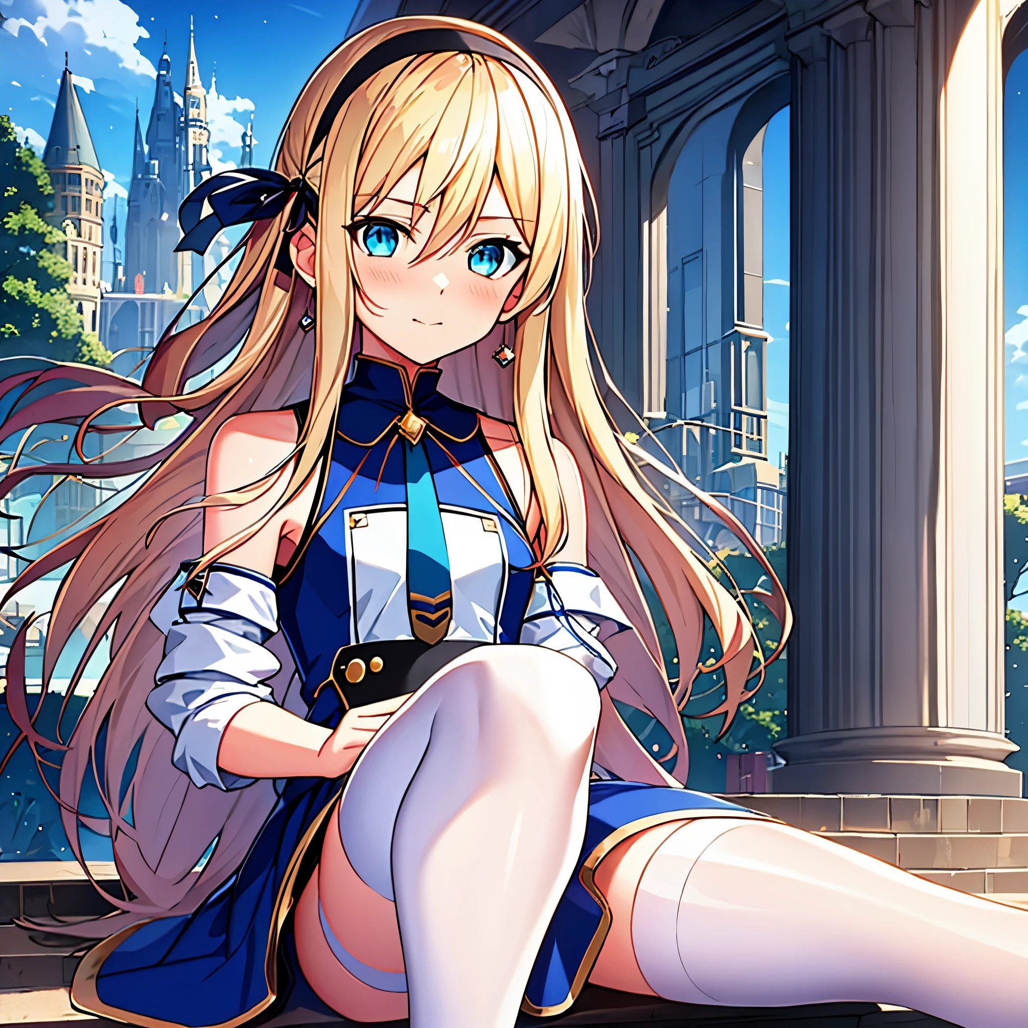 (masterpiece, best quality:1.2), 1girl, (((solo))), ((alone)), blond, blue eyes, (White and blue dress), Gothic,  city View, Idol, Bright Eyes,anime girl, Animation of Puru, pixiv, realism, blonde anime girl with long hair, anime girl with long hair, (anime girl),  Ilya Kuvshinov long hair, Anime visual of a cute girl, (white hair ribbon)，medium curly hair, (Hair on the shoulders), ((long white stockings)),，fleet style, Bright Eyes, ************, medium height, Medium weight, very big eyes, detailed,  Heart in eyess, light blush, ((small breasts)),  parted bangs, hair between eyes, hair behind ears, straight hair, white headband, light blush, cute face, ((beautiful detailed eyes)), looking at the audience, (aqua eyes, stare), Heart in eyes, faint smile, Shy, White knee socks, shoe, period, (blue tie on dress), (Absolute opportunity), 