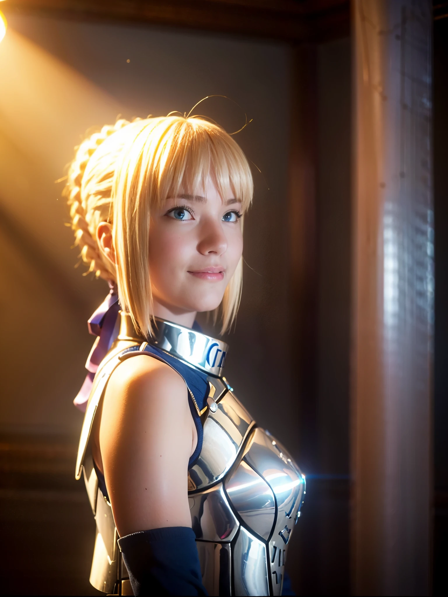 1girl,((())),(a blond), (braided single hair bun)), (huge breast:1.5), (((armor))), ((beautiful anime eyes with fine detail)), ((indigo blue ribbon)), (seductive smile:1.3), realistic skin, (intricate details), ((lighting forward)), depth field, ((ultra high resolution, high res)), {highres}, {{very fine 8KCG wallpapers}}, {{very precise detailed}}, ((((masterpiece)))),in sunlight poolside,