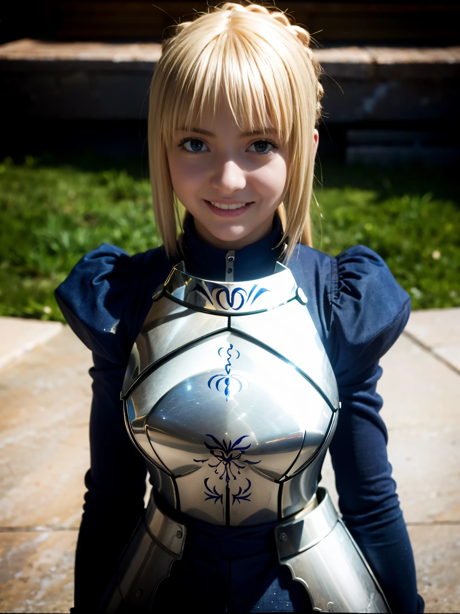  1girl,((())),(a blond), (braided single hair bun)), (huge breast:1.5), (((armor))), ((beautiful anime eyes with fine detail)), ((indigo blue ribbon)), (seductive smile:1.3), realistic skin, (intricate details), ((lighting forward)), depth field, ((ultra high resolution, high res)), {highres}, {{very fine 8KCG wallpapers}}, {{very precise detailed}}, ((((masterpiece)))),in sunlight poolside,