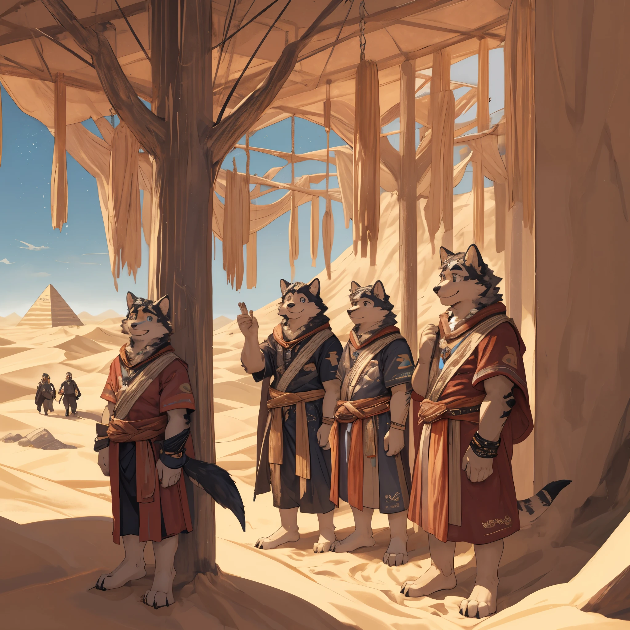 top quality, best quality, High-quality illustrations, masterpiece, super high resolution, detailed background, detailed background, desert, sand dunes, pyramid, Traditional costumes, group shot:0.2, 6+boys, 6+girls, Happy, joyful, absurdres(highly detailed beautiful face and eyes)perfect anatomy(kemono, furry anthro)selfie:0.1,
