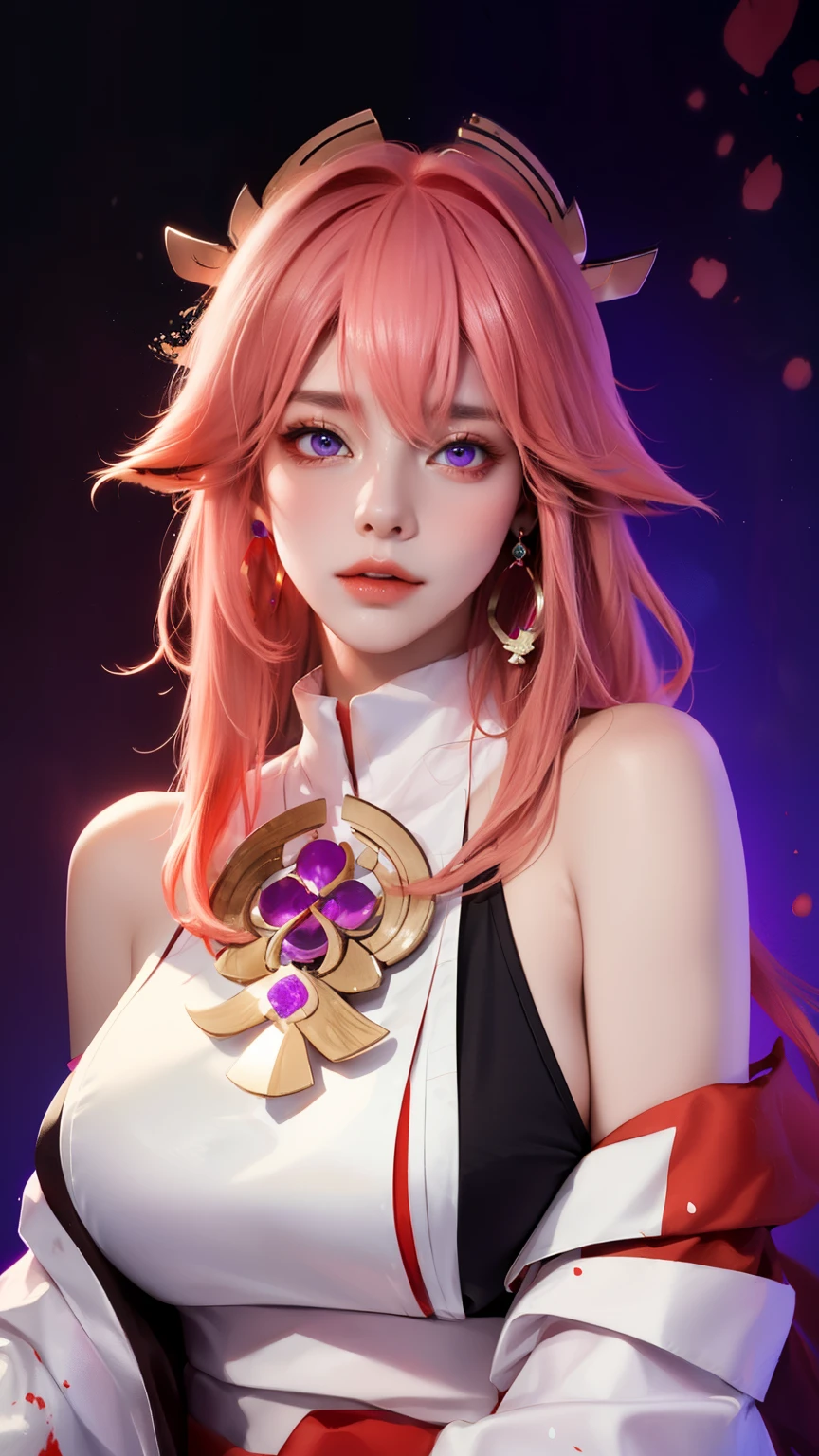 (masterpiece, Excellent, 1 girl, alone, intricate details, Color difference), realism, ((medium breathing)), ( absurd, high quality, Super detailed, masterpiece, concept art, Smooth, High detail artwork, hyper-realistic , high resolution, paint splatter, Color splash, splash ink, Color splash), ((rainbow hair)),Off-the-shoulder style, huge breasts, Sexy, Yae Shrine Maiden, long pink hair, red headdress, red highlight, hair above one eye, purple eyes, earrings, sharp vision, Perfectly symmetrical figure, collar, neon shirt, open jacket, turtleneck sweater, dim lights, looking at the audience, ((meaning is, Tempting, charming)), (((luminous background)))