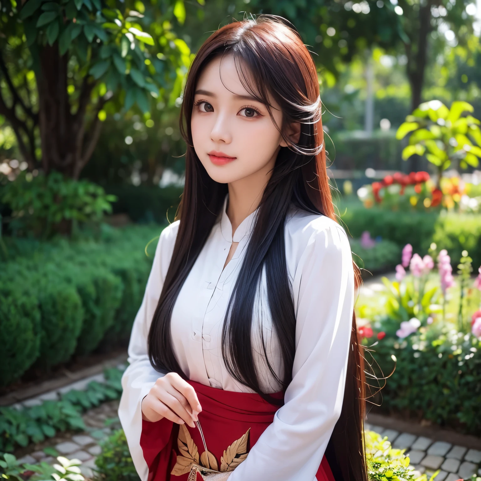 Indonesian beautiful girl,Long colored hair,Radiant face,eyes with brightness,DD cups,Background garden,