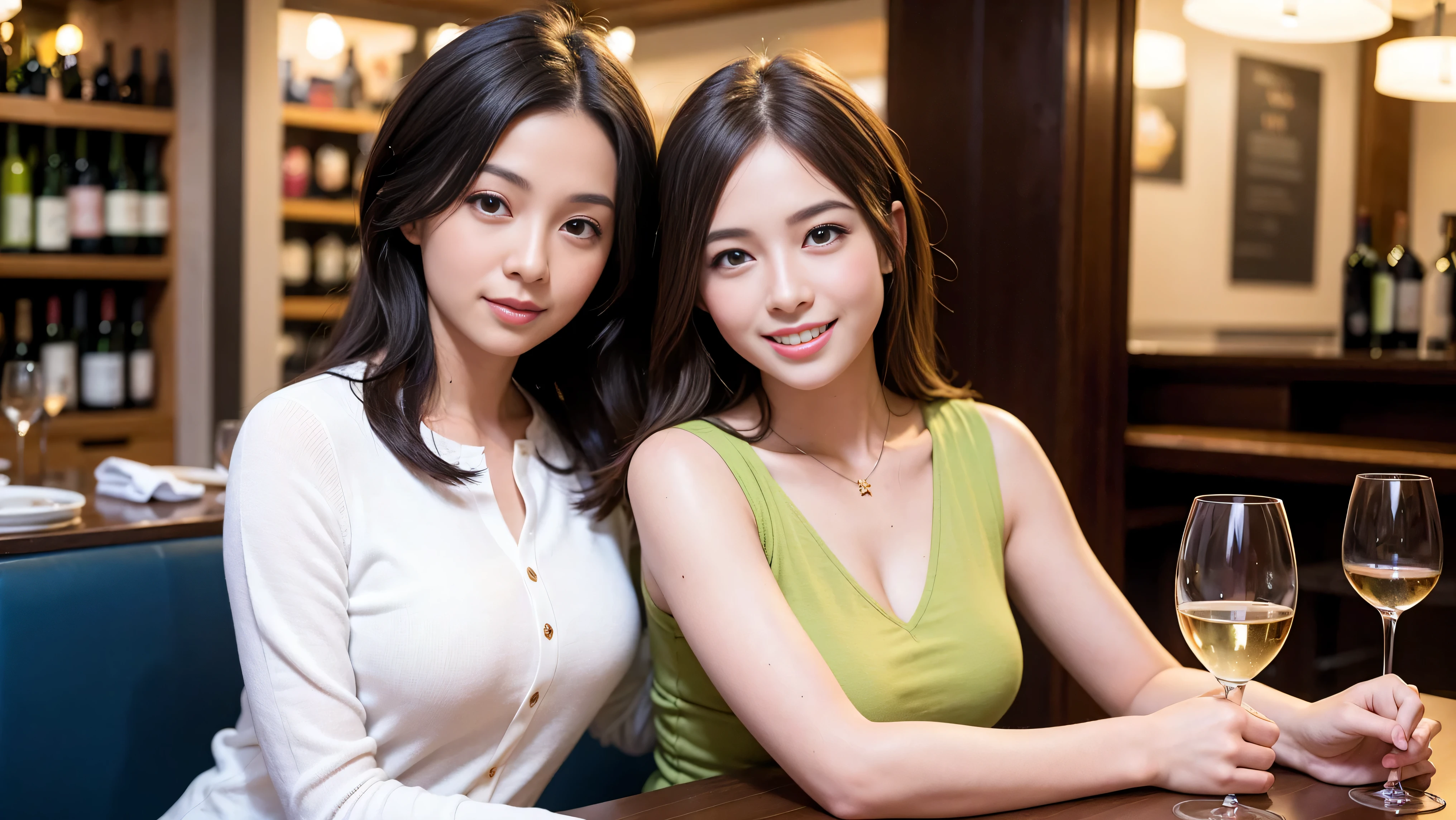 (including 64k, nffsw, highest quality, table top: 1.2), (realistic, photorealistic: 1.37), amazing sunset view、long sleeve shirt、winter fashion、Columbia、Brazilian、Japanese、Dutch、German、Portuguese、Belgian、Italian、French,Champagne、sparkling wine、 (slimフェイス), (slimボティ), (brown hair), (shortcut), neat beauty、cheeks turn a little red, (35 years old), 38 years old, alone, 窓の外には美しく緻密なnight景が広がります., restaurant, wine glassが座っている, nightに, in a prominent place (from the Upper body) nova frog style, actress, model, Upper body, White wine, slim, wine glass, Super Clean night View, wine glass Put in the Middle, Happy smile, (smile: 1.15), beautiful and detailed eyes, Upper body, bust japan up, night, short, short, actress, model, Upper body, White wine, slim, wine glass, Super Clean night View, wine glass Put in the Middle, Happy smile,