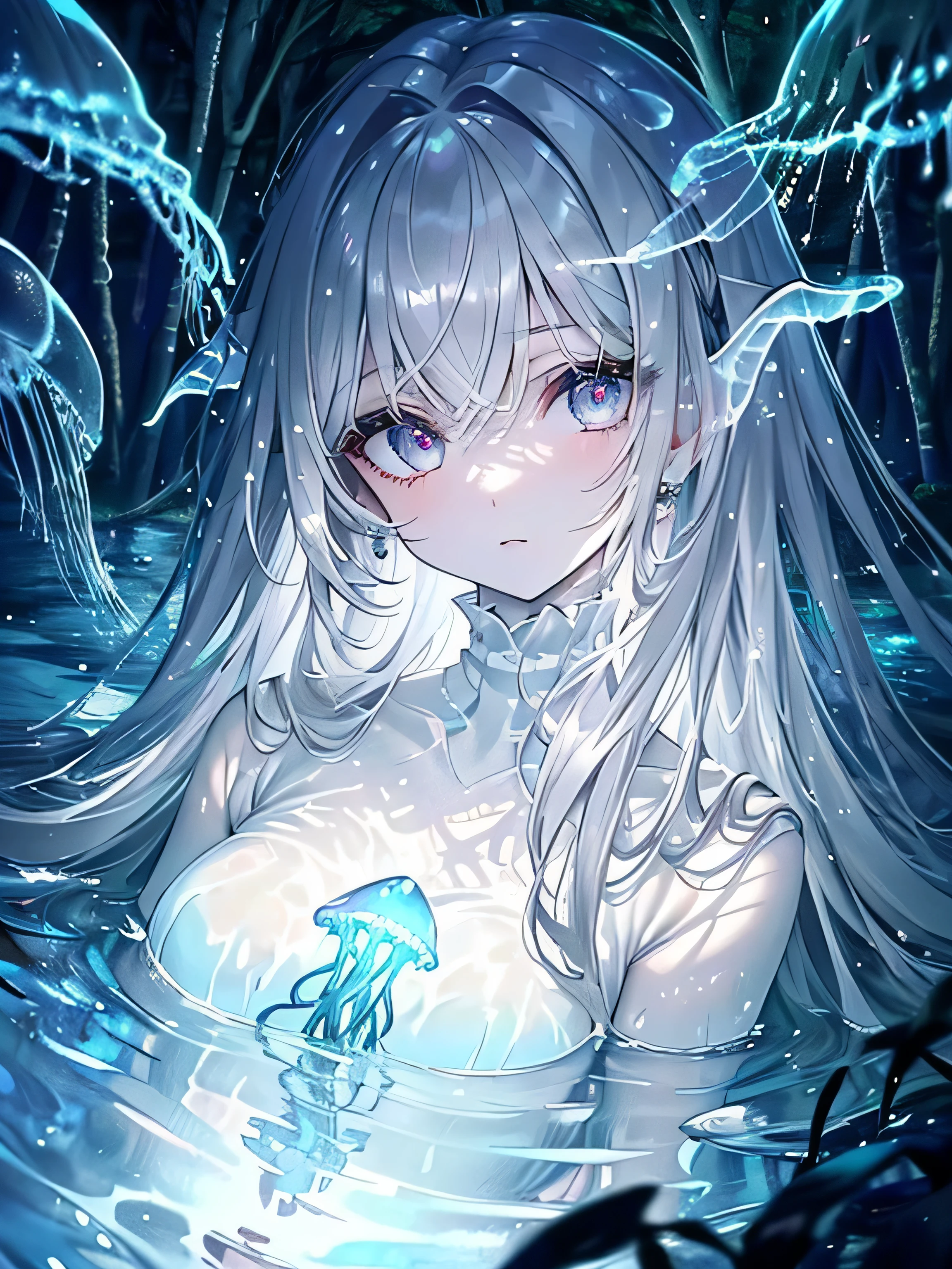 (masterpiece,highest quality,Super detailed),1 girl, black hair,beautiful and detailed face, fine eyes,looking at the viewer, multicolored eyes,((gray theme),white skin, shining eyes ,Ocean,((night)),dark environment,(underwater),(((in a forest underwater))),jellyfish
