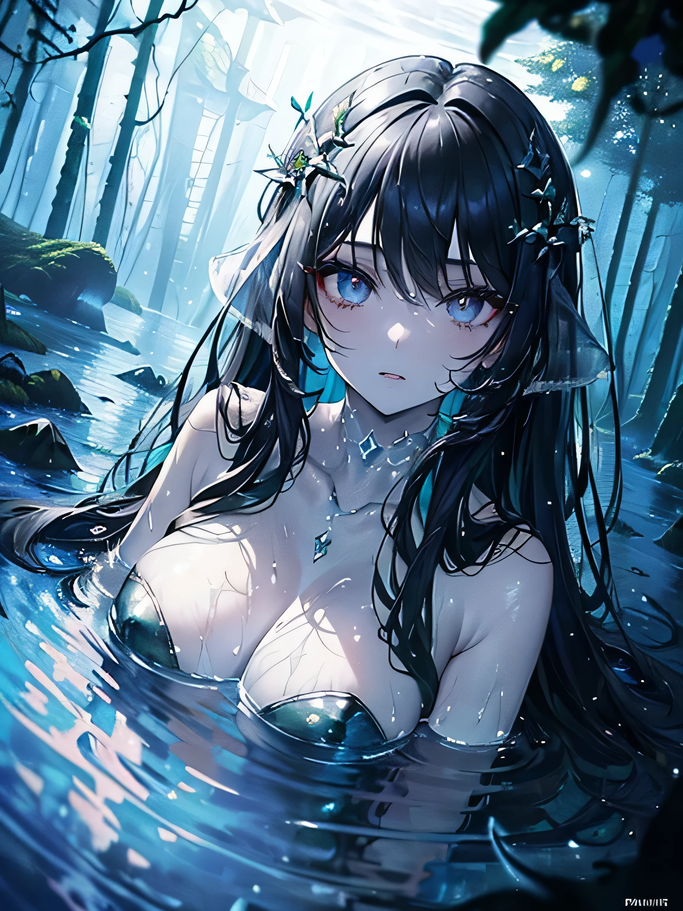 (masterpiece,highest quality,Super detailed),1 girl, black hair,beautiful and detailed face, fine eyes,looking at the viewer, multicolored eyes,((gray theme),white skin, shining eyes ,Ocean,((night)),dark environment,(underwater),(((in a forest underwater))),jellyfish