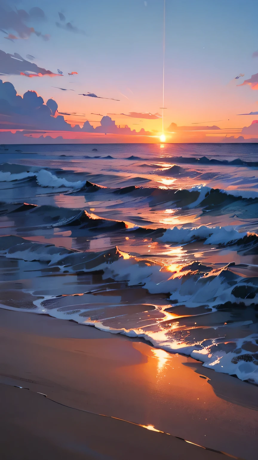 Sunset,anime background,seaside,beach,wave,Xin Haicheng