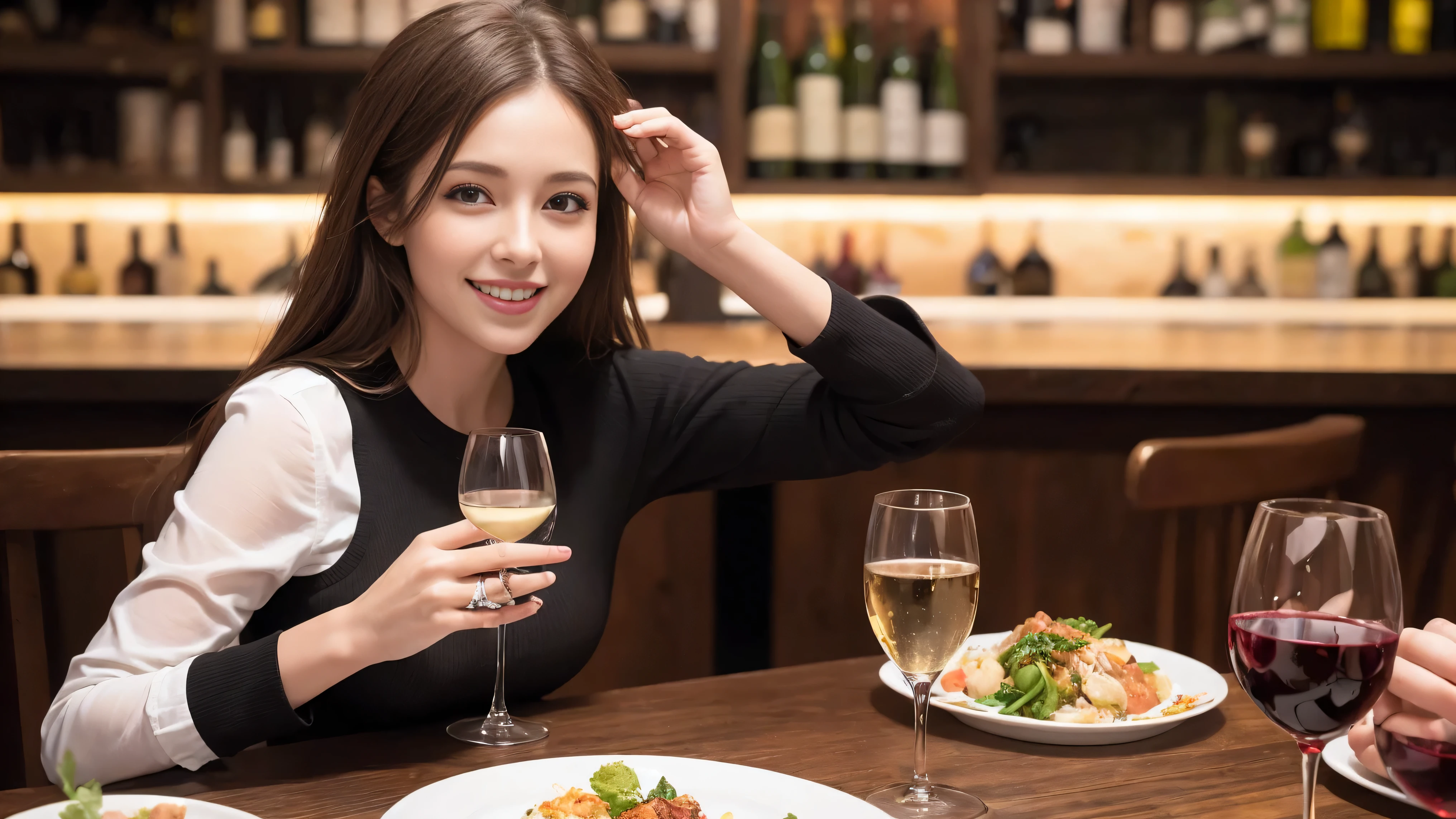 ((Highest quality、8k、masterpiece:1.3))、cute、Slim couple、Model Couple、Actress、(Realistic, Intricate details:1.2), full-course dinner、Wine Party、Amazing view of the sunset sky and clouds、A bright smile、short hair,Bright Face、 (45 years old), 42 years old, red wine 、Appetizers、Italian food、Wine bottle、Champagne、sparkling wine、Two beauties、Brown Hair、Shortcuts、Long sleeve shirt、dress、Beautiful woman 1, (Slim face), (The body is slim), (Brown Hair), (Shortcuts), cheeks turn a little red,Attractive beauty、restaurant, In a prominent place (From the waist up) Nova Frog Style, actress, model, Upper Body, White wine, slim, wine glass, A wine glass placed in the center, smile, (smile: 1.15), Beautiful fine grain, Depth f/2,saturation, High Contrast, Strong light and shadow,Moist Body:1.5、3D texture、Delicate eyes、Brown Hair、The hair is very shiny、