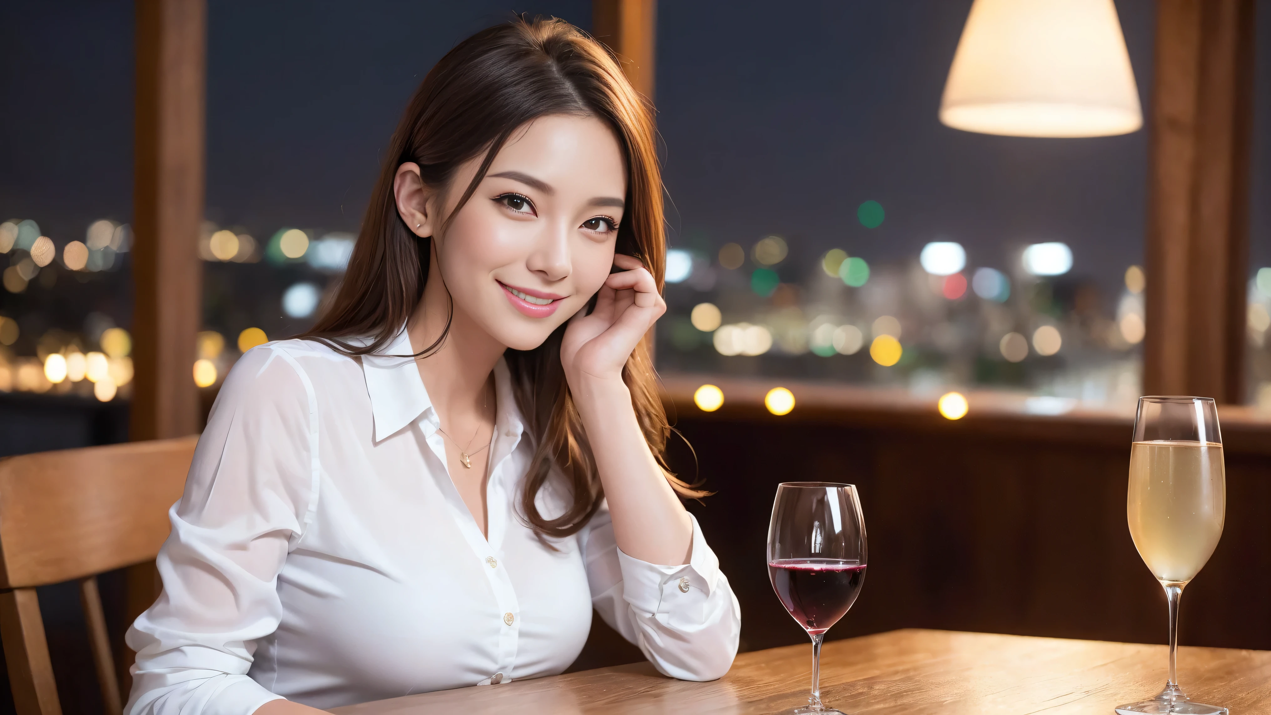 (including 64k, nffsw, highest quality, table top: 1.2), (realistic, photorealistic: 1.37), amazing sunset view、long sleeve shirt、winter fashion、Columbia、Brazilian、Japanese、Dutch、German、Portuguese、Belgian、Italian、French,Champagne、sparkling wine、 (slimフェイス), (slimボティ), (brown hair), (shortcut), neat beauty、cheeks turn a little red, (35 years old), 38 years old, alone, 窓の外には美しく緻密なnight景が広がります., restaurant, wine glassが座っている, nightに, in a prominent place (from the Upper body) nova frog style, actress, model, Upper body, White wine, slim, wine glass, Super Clean night View, wine glass Put in the Middle, Happy smile, (smile: 1.15), beautiful and detailed eyes, Upper body, bust japan up, night, short, short, actress, model, Upper body, White wine, slim, wine glass, Super Clean night View, wine glass Put in the Middle, Happy smile,