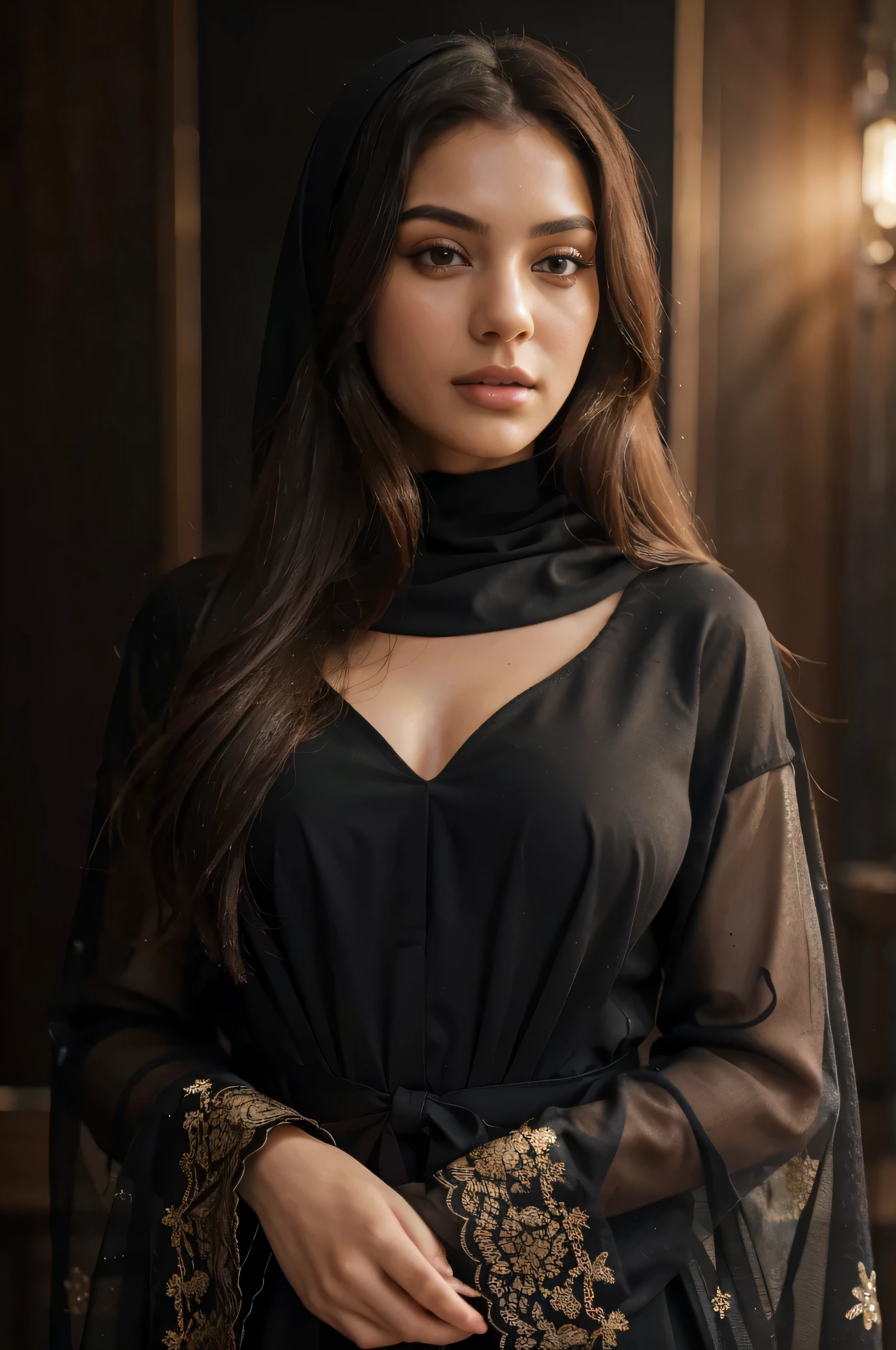 Photo of 25 year old Persian woman, ((wearing modest Iranian dress covering her whole body )). Dress modestly, RAW, beautiful woman, (black blond hair with extra long wavy), amzing hair ,yelloreen eyes, ((portrait)), (Detailed face: 1.2)), (Detailed facial featureine skin), pale skin, normal lips colour, perfect face, beautiful face, high detail, slim body, (cold color), wet, moist, reflection, (masterpiece) ( Perfect proportions) (realistic photos) (highest quality) (detail) shot with Canon EOS R5, 50mm lens, f/2.8, HDR, (8k) (wallpaper) (movie lighting) (dramatic lighting) (sharp focus) (complex) fashion, full body shot.