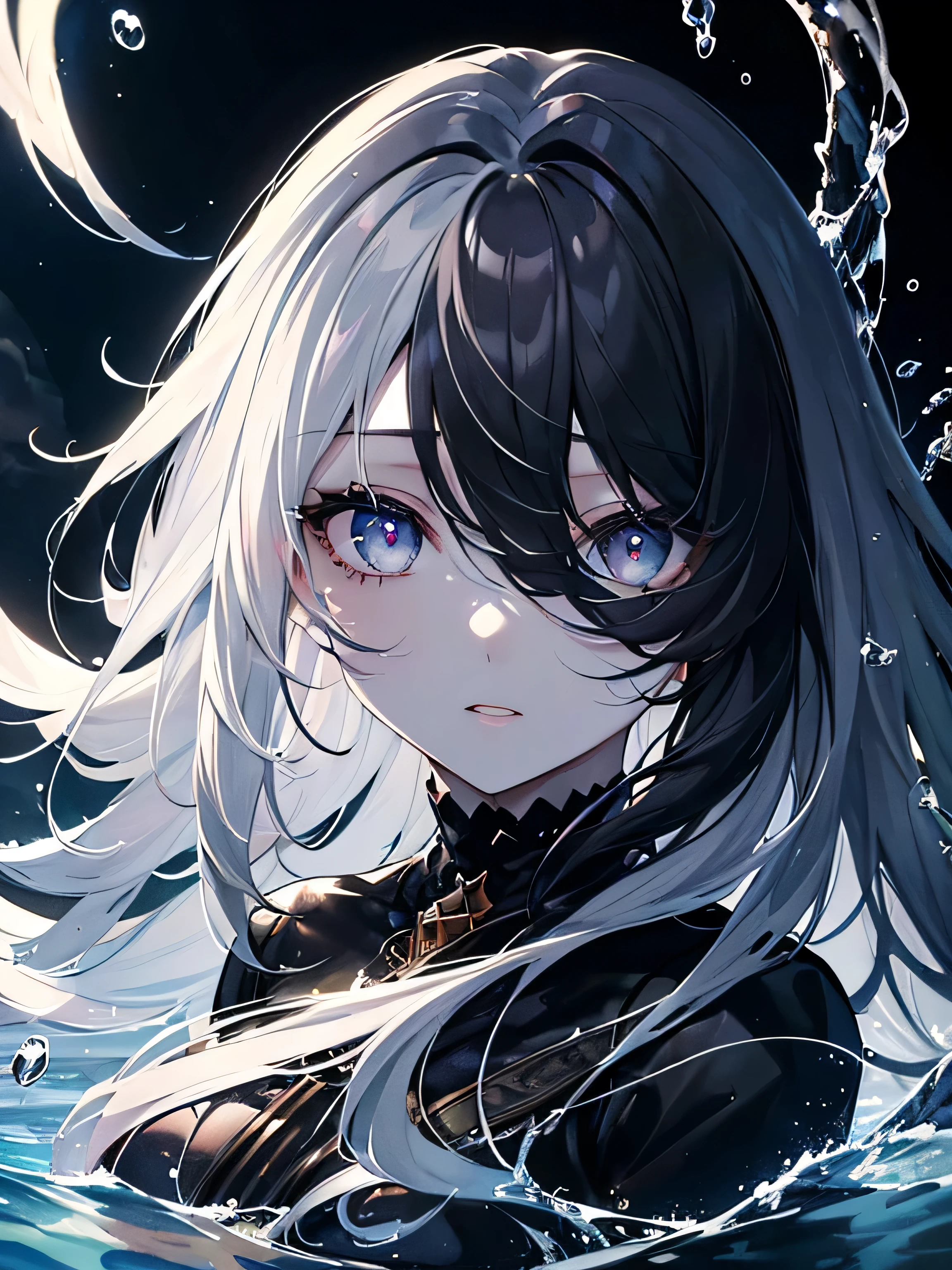 (masterpiece,highest quality,Super detailed),1 girl, black hair,beautiful and detailed face, fine eyes,looking at the viewer, multicolored eyes,((gray theme),white skin, shining eyes ,Ocean,((night)),dark environment,(underwater), watercolor,hair above the eyes, hairy eyes