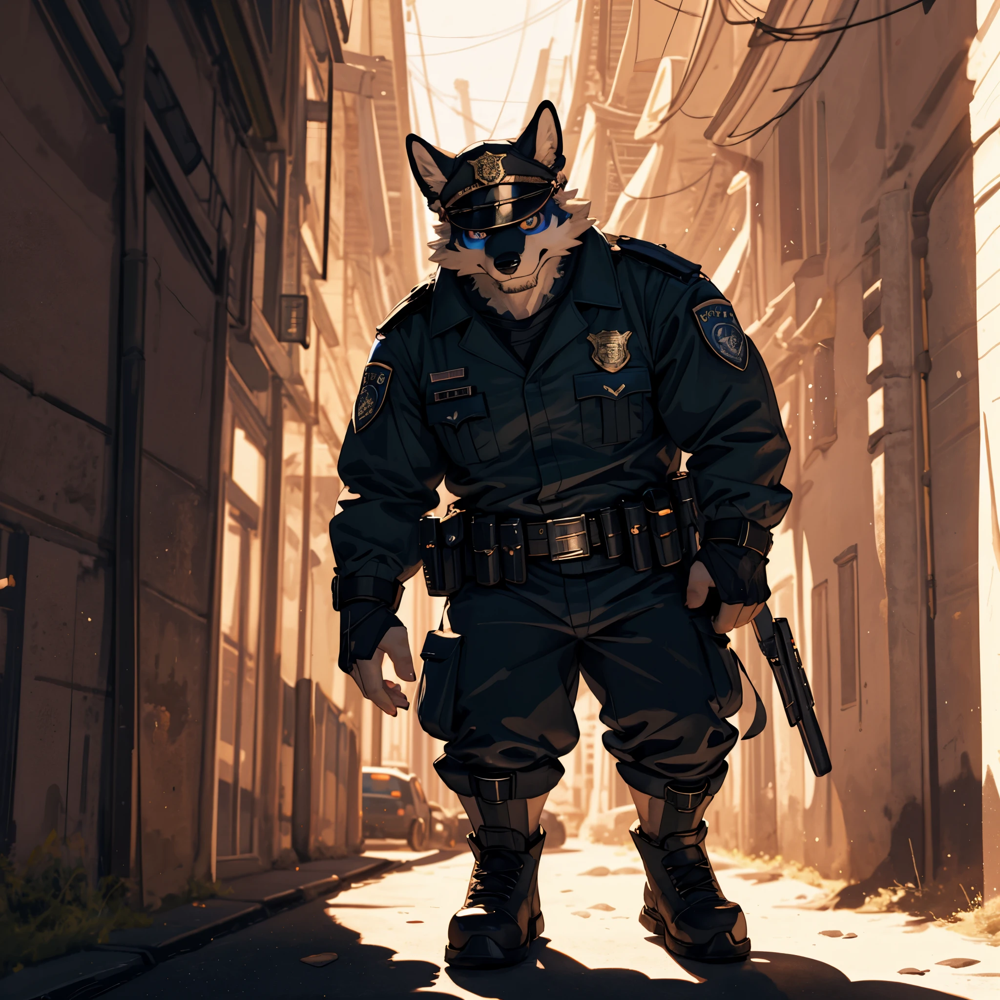 Male, males, fox, arctic fox, white fur, short hair, 20 years old, Armed police, military armor, military police, city streets, heavy rain, rain, water drops, dramatic effect, dramatic light, shadow, shade, higlight, high quality, high details, High detailed image, high quality image, Very detailed shadows, high detail shadows, high details 
