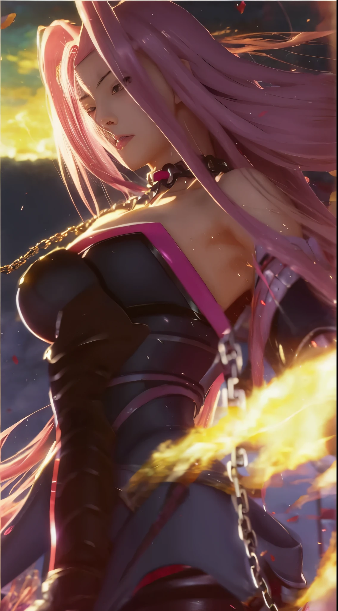 anime girl with pink hair and a chain around her neck, fate / stay night, fate stay night, anime style like fate/stay night, anime epic artwork, extremely detailed artgerm, like artgerm, anime fantasy artwork, style artgerm, fine details. anime. tentacles, anime character, detailed anime artwork, anime woman, female action anime girl