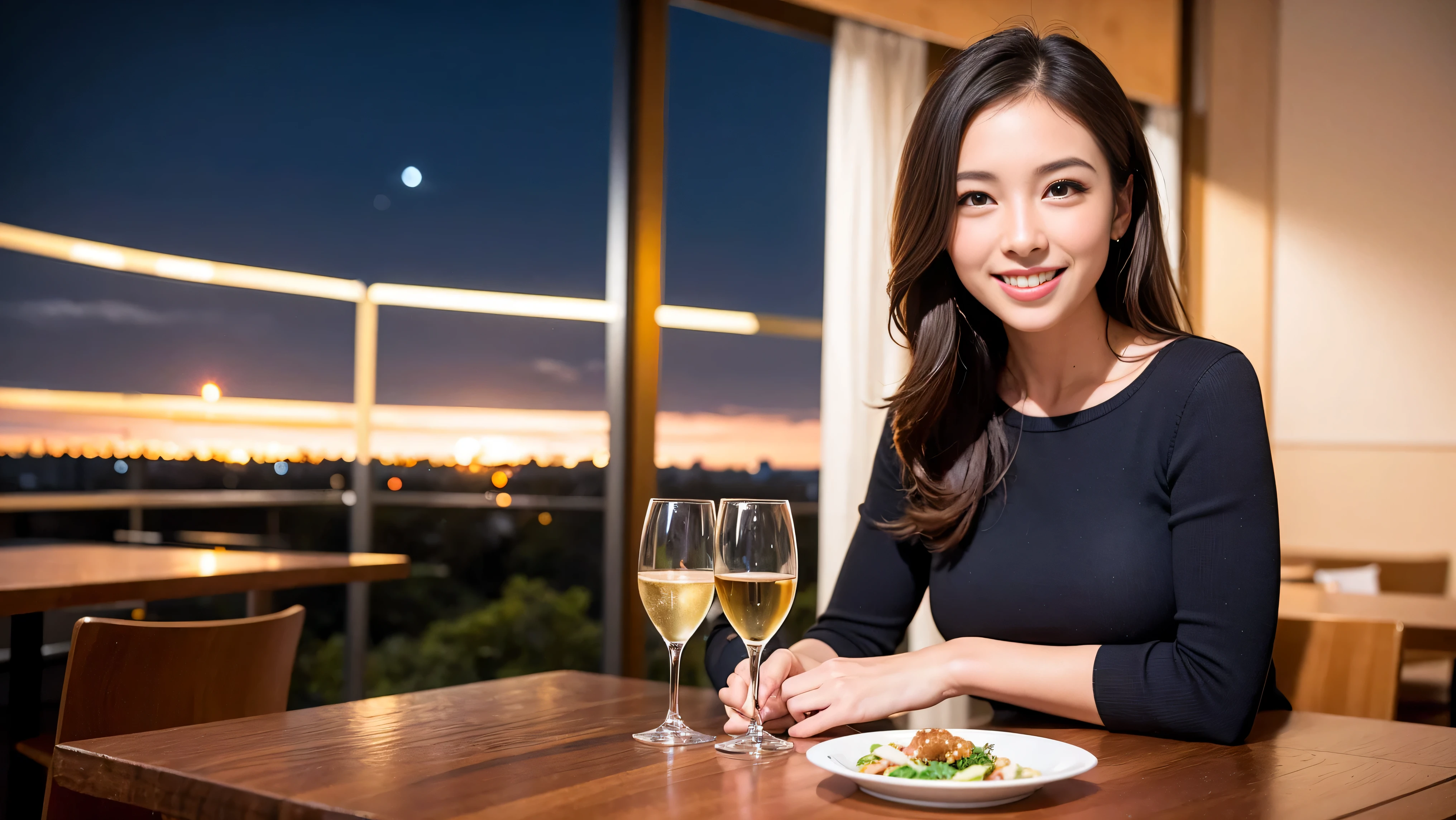 (including 64k, nffsw, highest quality, table top: 1.2), (realistic, photorealistic: 1.37), amazing sunset view、long sleeve shirt、winter fashion、Columbia、Brazilian、Japanese、Dutch、German、Portuguese、Belgian、Italian、French,Champagne、sparkling wine、 (slimフェイス), (slimボティ), (brown hair), (shortcut), neat beauty、cheeks turn a little red, (35 years old), 38 years old, alone, 窓の外には美しく緻密なnight景が広がります., restaurant, wine glassが座っている, nightに, in a prominent place (from the Upper body) nova frog style, actress, model, Upper body, White wine, slim, wine glass, Super Clean night View, wine glass Put in the Middle, Happy smile, (smile: 1.15), beautiful and detailed eyes, Upper body, bust japan up, night, short, short, actress, model, Upper body, White wine, slim, wine glass, Super Clean night View, wine glass Put in the Middle, Happy smile,