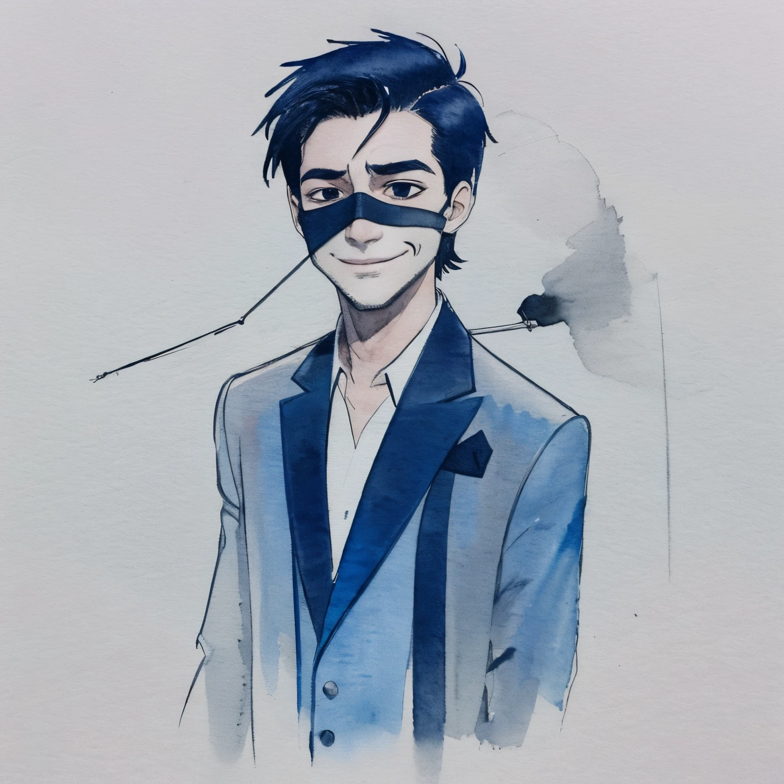 1 male, suit style,smile, knife, (closed one eye), scar across the eye, black hair. alone, Upper body, watercolor, figure, Depth of the bounds written, sketch, soft lighting, The background is a blue gradation, wonderful, black eye, intellectual,naked eye