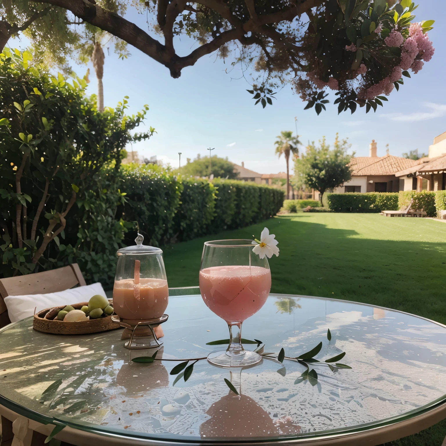 A pink protein drink glass is paired with a tea glass. placed on a black table morning flower garden Large white leaf olive tree