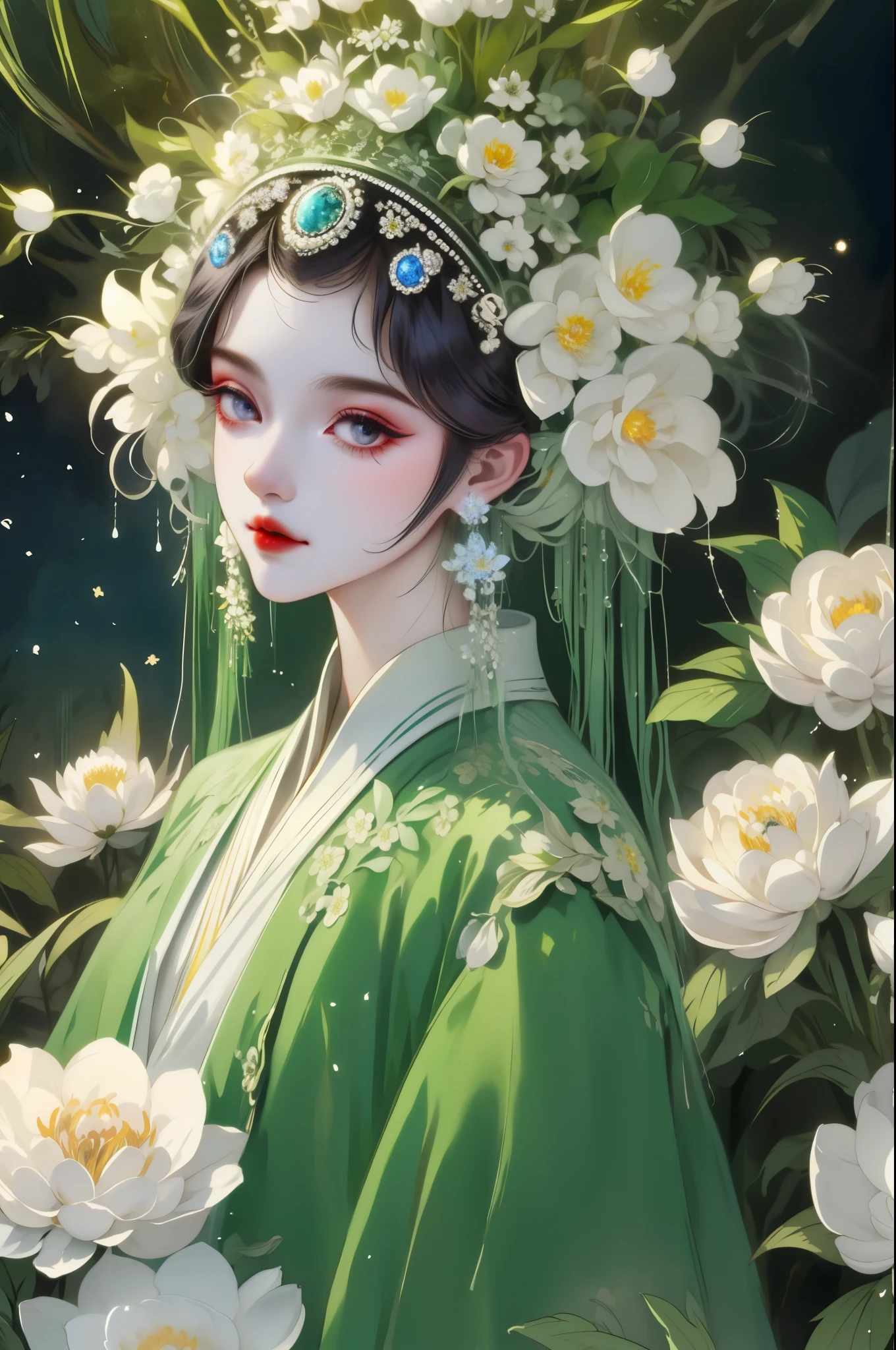 "queen of the forest,White peony, (masterpiece, best quality), (illustration), Strange fungal disease in dense forests, transparent viscous substance, Caustics, crystal, close up, intricate details, dark background, Sparkling spores, in the jungle,starlight,firefly