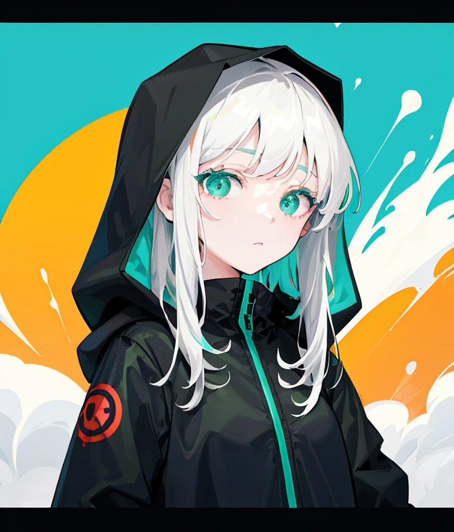 (Flat Color:0.9),(Colorful:1.1),(Masterpiece:1,2), Best Quality, Masterpiece, High Definition, Original, Very Detailed Wallpaper, Viewer's View,,,1girl, Solo, black hooded jacket ,medium hair, white hair,green eyes,Portrait