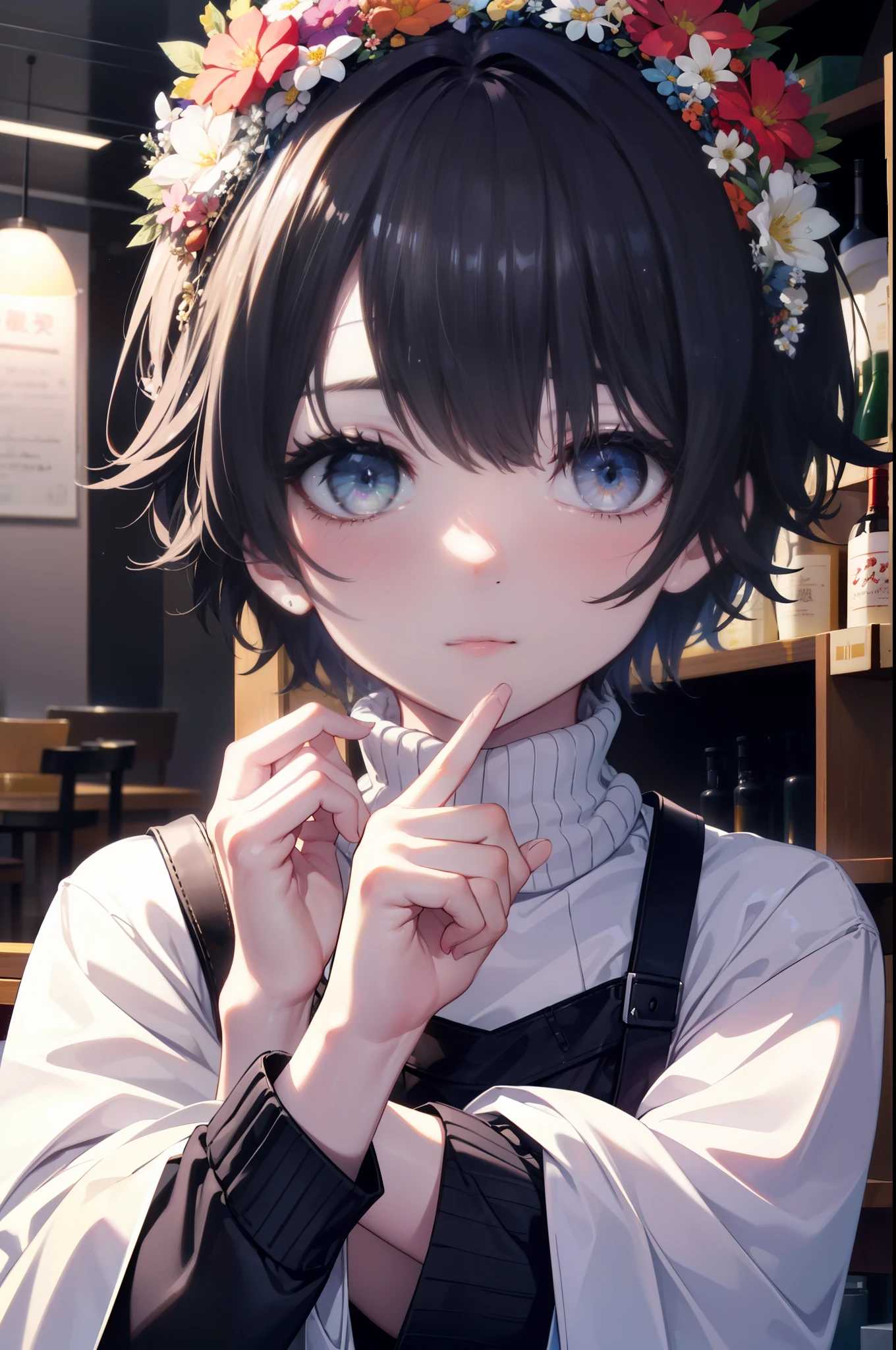 uiharukazari, uiharu kazari, (black eye:1.5), black hair, flower, hair flower, hair ornaments, 頭のflower輪, short hair,
flower屋の店員,flower屋,sweater,Short Bands,black pantyhose,Short Boots Boots,apron, 
break looking at viewer, Upper body, whole body,
break indoors, flower屋,
break (masterpiece:1.2), highest quality, High resolution, unity 8k wallpaper, (figure:0.8), (detailed and beautiful eyes:1.6), highly detailed face, perfect lighting, Very detailed CG, (perfect hands, perfect anatomy),