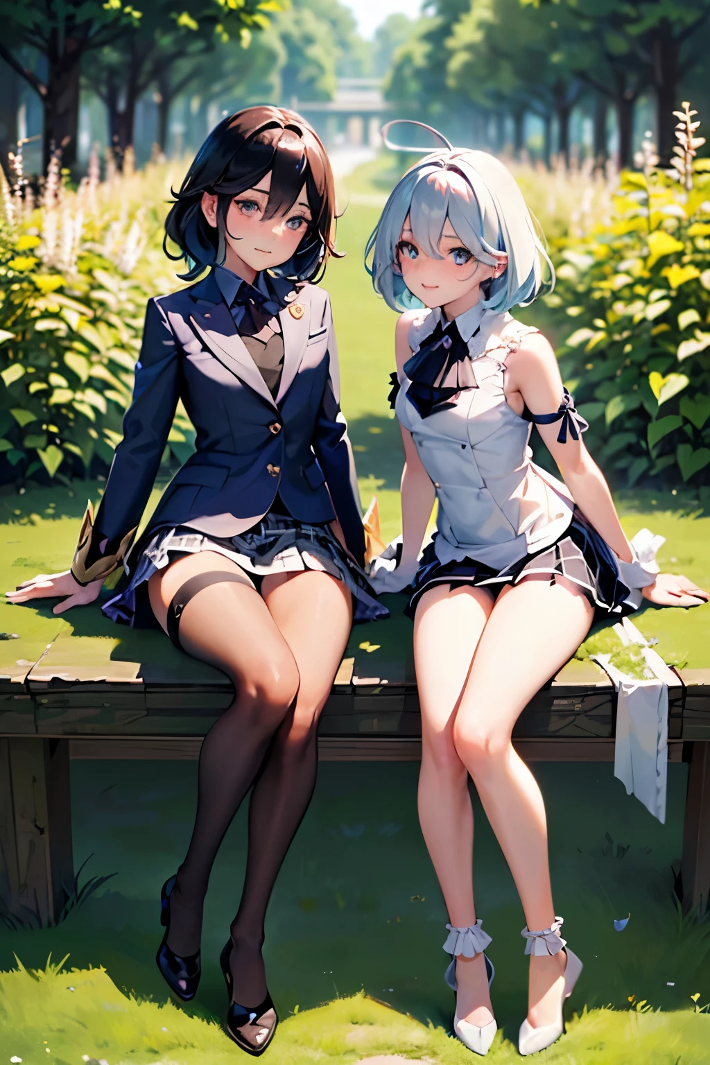 NSFW, ((Standing upright with one leg in front of the other)),(full body shot, full body view), ((cute and symmetrical face)),8k, masterpiece, RAW photo, (best quality, photorealistic), (extremely detailed CG unity 8k wallpaper),(biologically correct form),(masterpiece:1.2, top-quality), (realistic, photorealistic:1.4), beautiful illustration, (natural side lighting, movie lighting), looking at viewer, ((focus on face)), 2 girls,japanese, 25 years old, perfect face, perfect body, shiny skin, beautiful hair, beautiful face, beautiful eyes, beautiful detailed eyes, beautiful body, beautiful chest, beautiful arms、beautiful thigh, ((beautiful long thin legss)), (small butt),blush, (Matching Stiletto heels left and right and same color anklets), (biologically correct form), (lovely smile), ((white collared shirt, black plaid pleated miniskirt, dark red tie), (black garter stockings))、Sexy 、((Back shot)),Panty shot、The background is a flowerbed with sunflowers.kiss