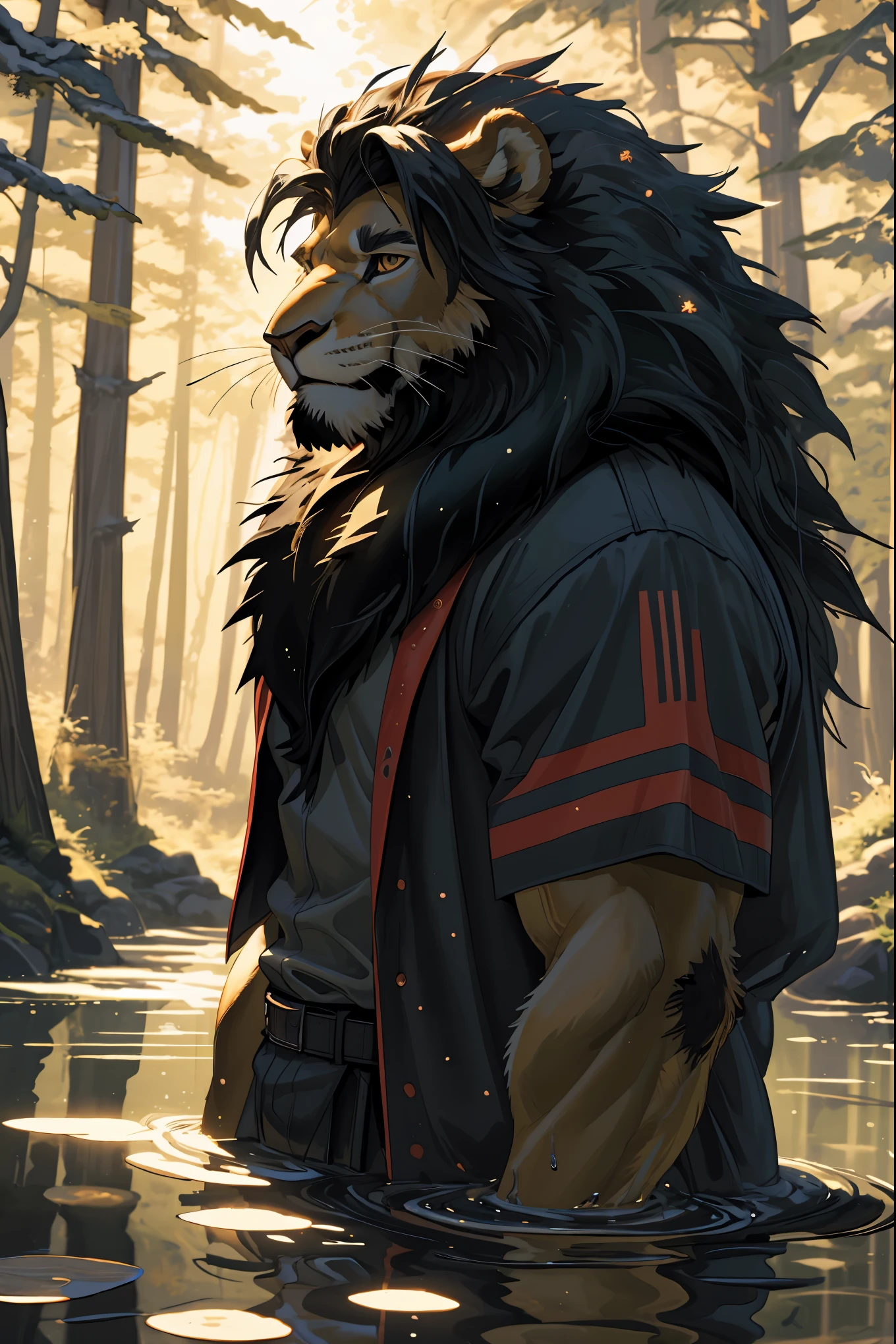 cover page, highres, top quality, best quality, paid reward available, unparalleled masterpiece, perfect artwork, absurdres, High-quality illustrations, bathing in water, beautiful refraction of water, shirt soaked in water, transparent clothing, Rich colors, Dreamy, mystical, erotic, dynamic and intricately defined muscular physique(In the forest where the stream flows, Backlighting)perfect anatomy((angelic cute 1boy))(Furry, Solo focus)(furry anthro:1.7)(((furry body, Facial features of male lion, Features of the male lion body)))(((muzzle of the male lion, very detailed furry body of male lion))))undress(portrait)cinematic lighting, dynamic angle,