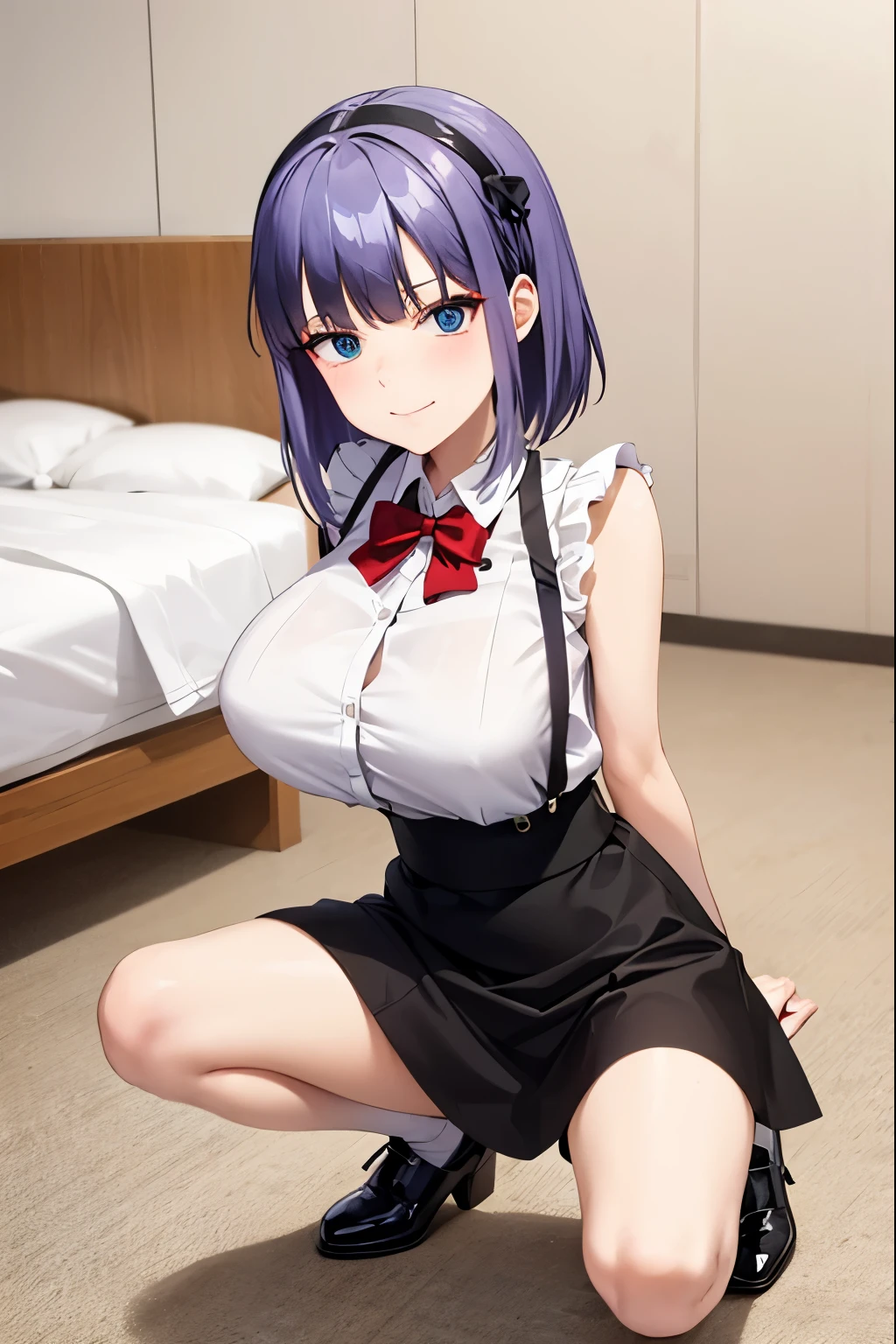 Masterpiece, award wining, high quality, beautiful poses, 1girl, short purple hair, black hairpin with a black flower, blue eyes, white shirt, red bow tie, suspender, black skirt, (black tight), white shoes, big breasts, ((on your knees)), white pantie, embarrassed face, perfect legs, smiling, perfect hand, five fingers, looking at the camera, holding a white pillow 