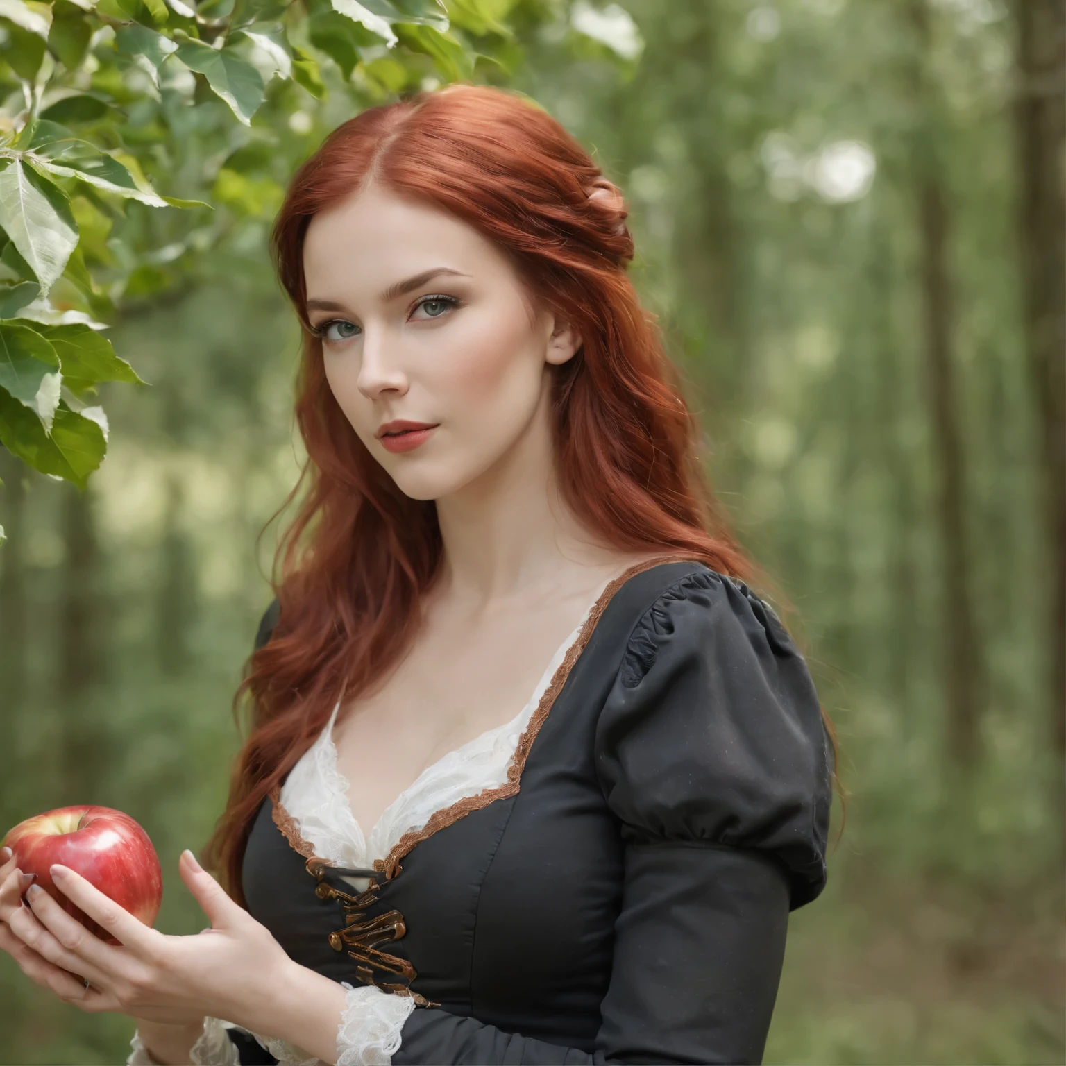 (steampunk art), Apple orchard, A large red apple in a coniferous forest, bokeh, glare, radiance, Fantasy, fairycore, High Resolution, image, Sexy girl with green eyes and red hair, bar, (sexypose), (wet clothing)