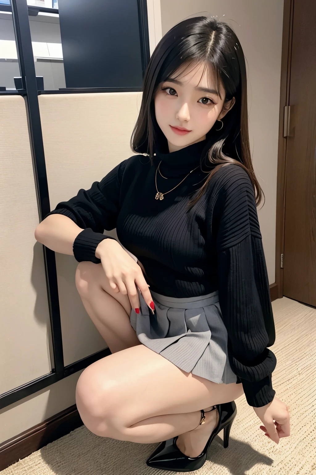 Arab Asian woman wearing high heels and pleated miniskirt,wearing knit sweater ,beautiful young korean woman, gorgeous young korean woman, beautiful south japanese women, young asian woman, young adorable japanese face, Portrait of female idol, asian young girl, beautiful asian girl, young asian woman, face of young cute asian man ,back pose , office lady