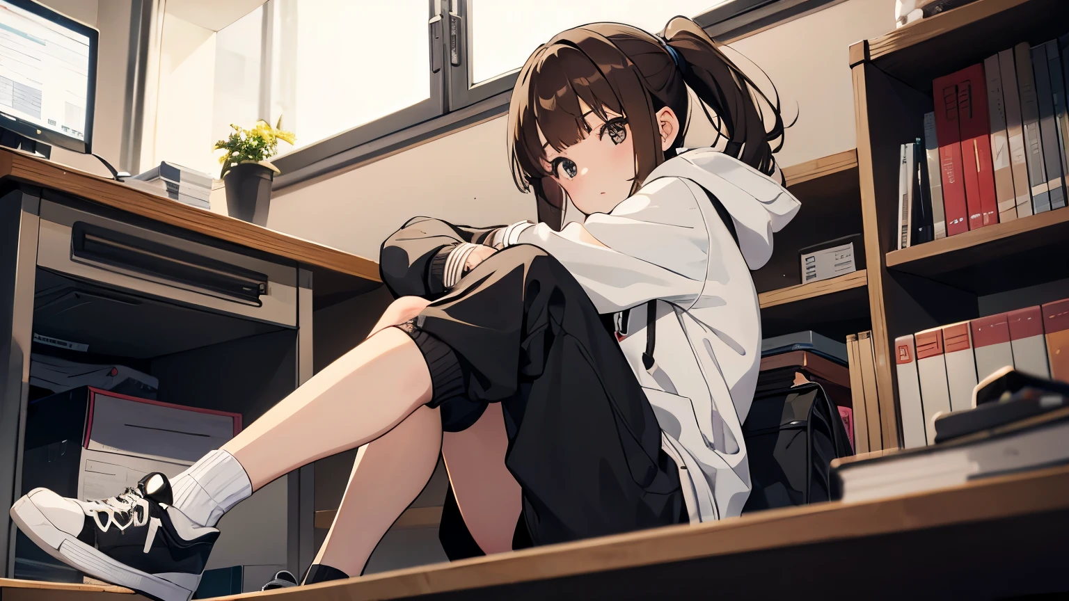 Brown hair, blunt bangs, ponytail, black eyes, headphones, black socks, white shoes, hooded sweatshirt, desk, solo, Girl studying, night time, home, 2D, anime, study