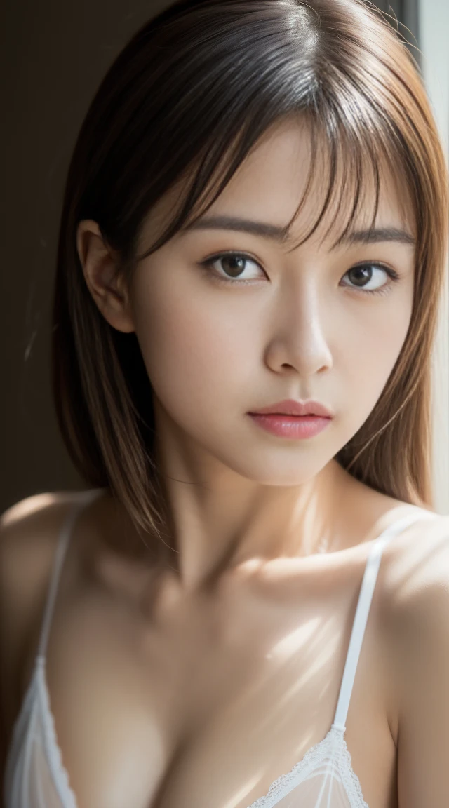 (Highest quality、high resolution、masterpiece、High definition、8k:1.2)、RAW Photos、Clear photos、21-year-old woman、Japanese、Hair Bun、Delicate hair、Realistic skin texture、Raise the hand、Underarm、Wearing a white bikini、Cleavage、A faint smile、Cute woman、Glowing Skin、Bright lighting