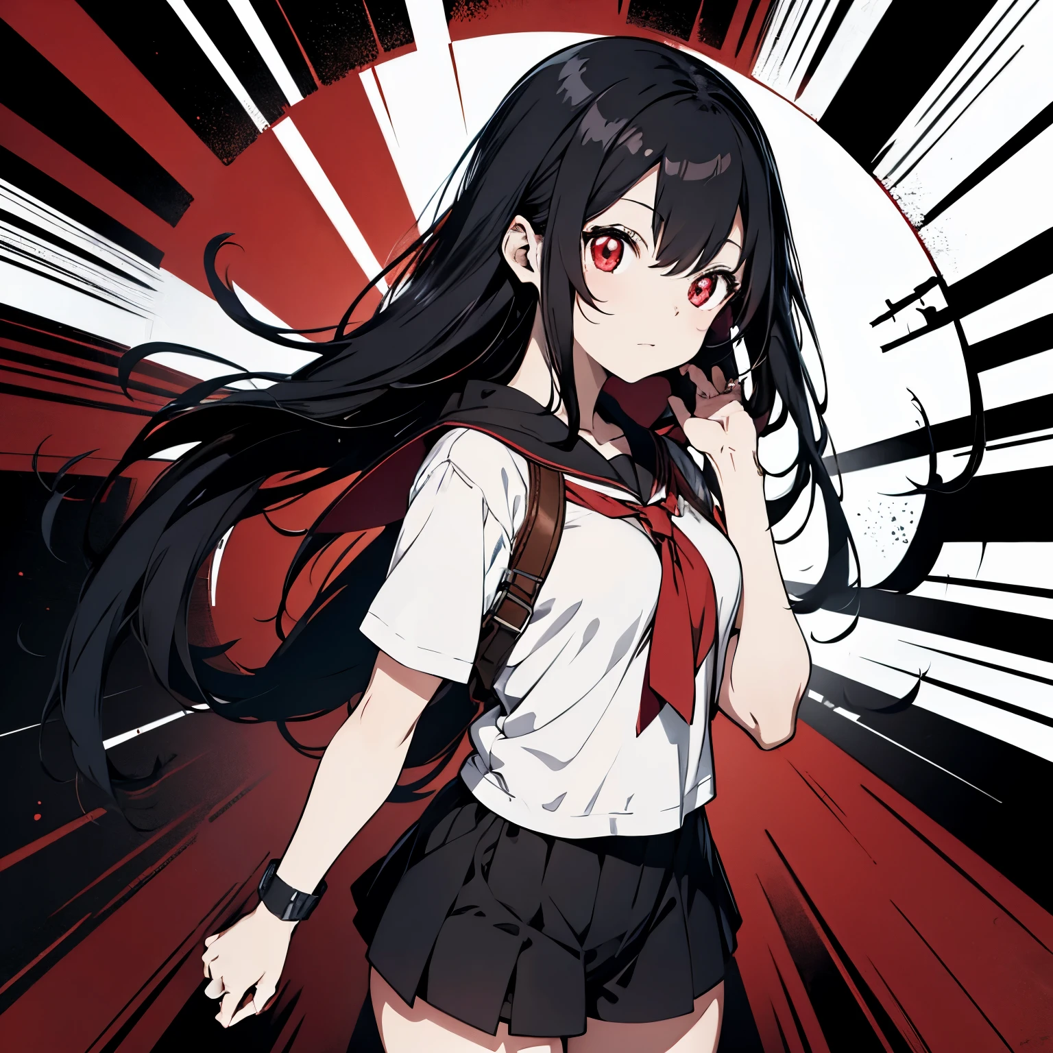 Anime babe, black hair with some red, red eye, around 20 ages