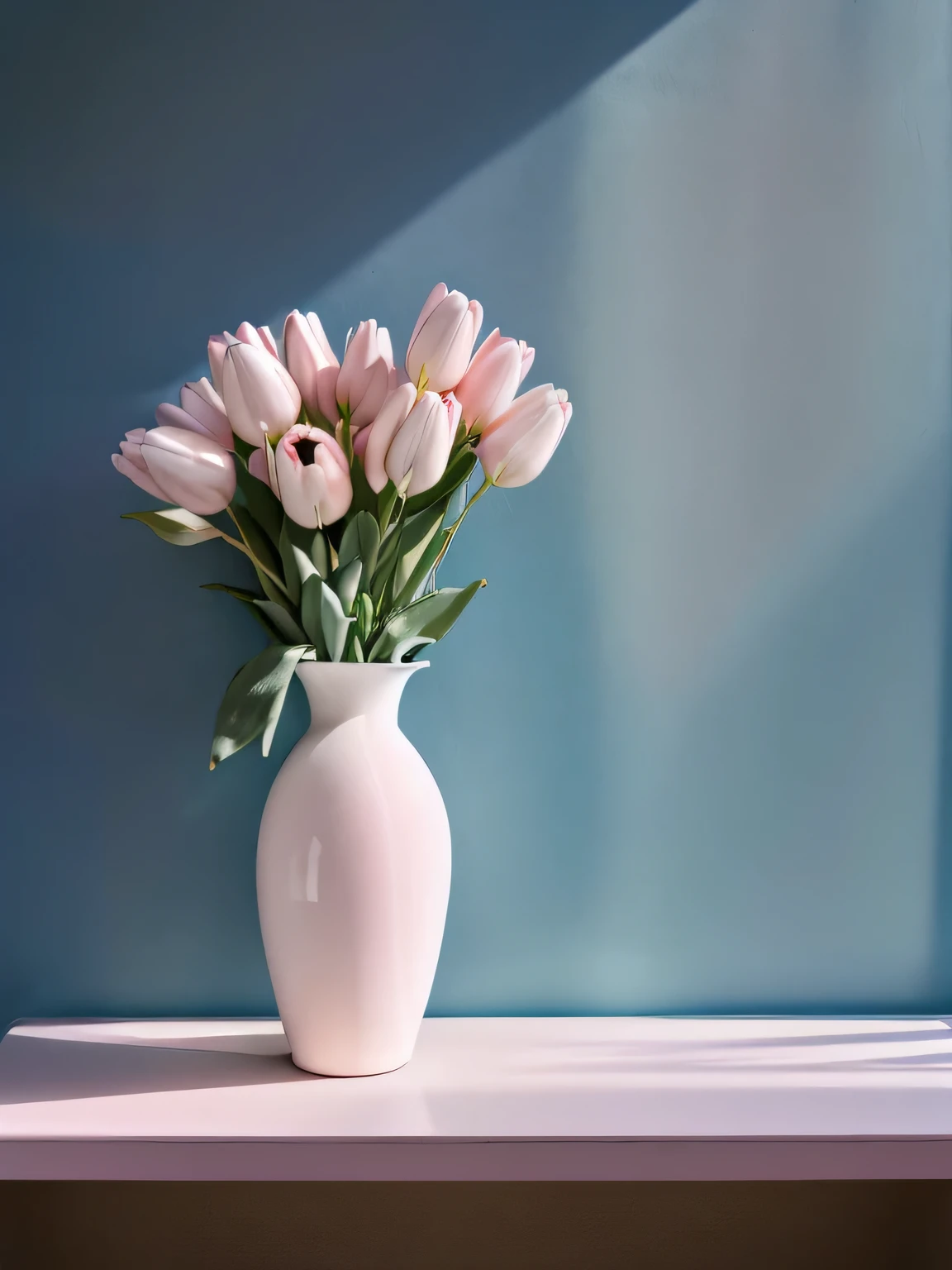 High resolution, 8k ultra hd, Minimal color, negative space, tulips in front of the blue wall, white and soft pink, White vase, top half of wall, lower half of flower, flowers under the holy bright sun