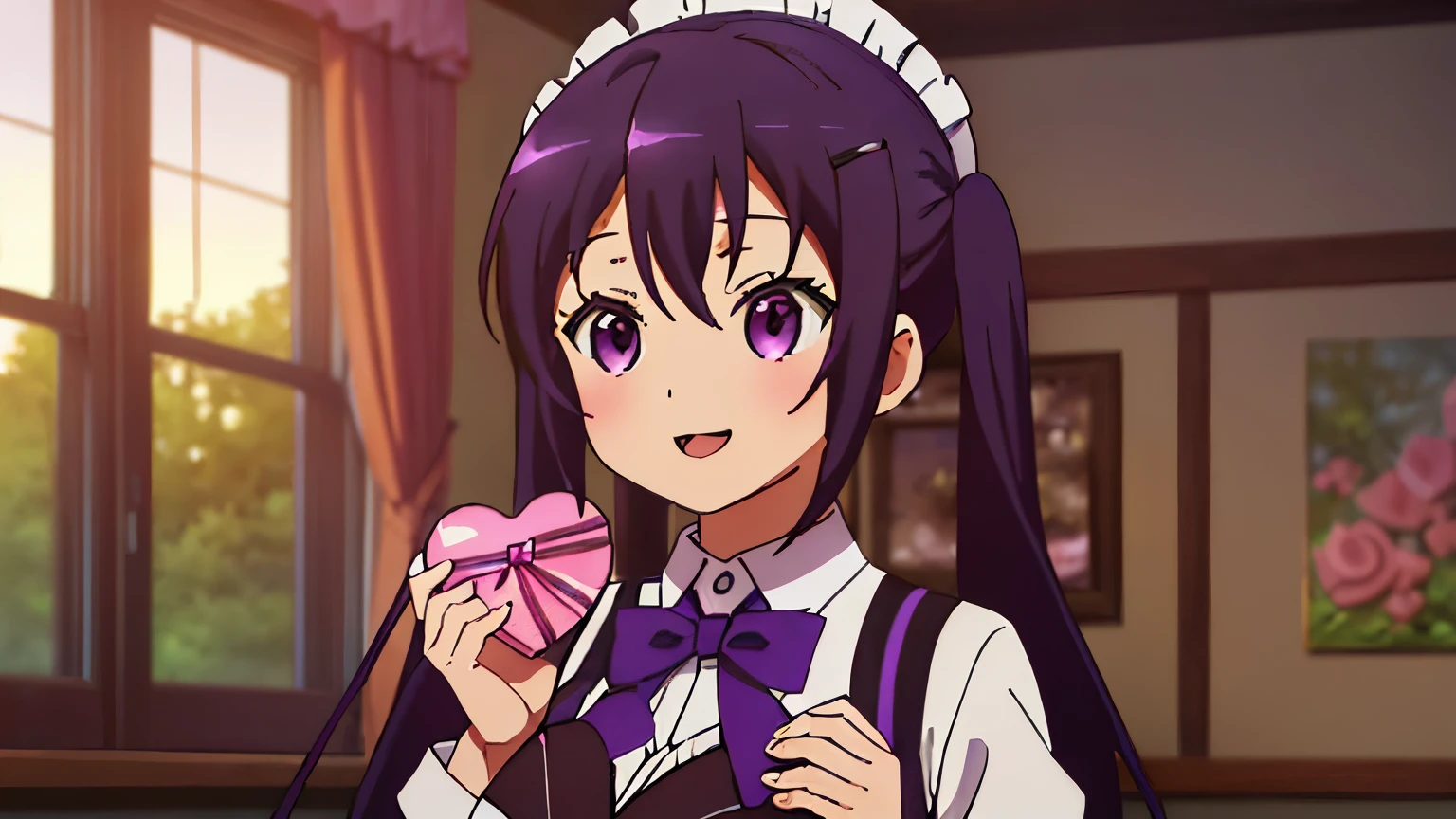 1girl, (((masterpiece))), wallpaper HD, top-quality, top-quality, High Details, Tedeza Rize, 1girl, maid cafe, maid cafe uniform, maid cafe clothes, Twin-tailed, length hair, A purple-haired, purple-eyed, solo, reddish, Dark purple blazer with thin red ribbon, big breasts, Solid white buttoned shirt under blazer, illustratio, comic strip, soothing tones, Subdued Color, Soft cinematic light, adobe lightroom, photolab, HDR, intricately and hyper-detailed、(((depth of fieldasterpiece)))。(((top-quality))).)((ultra-detailliert)))。(((illustratio)))。(((takeout))).dynamic focus.big breasts.(((home))).(((A bedroom))).(((Face of happiness))). open smile mouth.(((hand holding a chocolate valentine gift))).(((up chest))).((morning glow)).((the setting sun)).