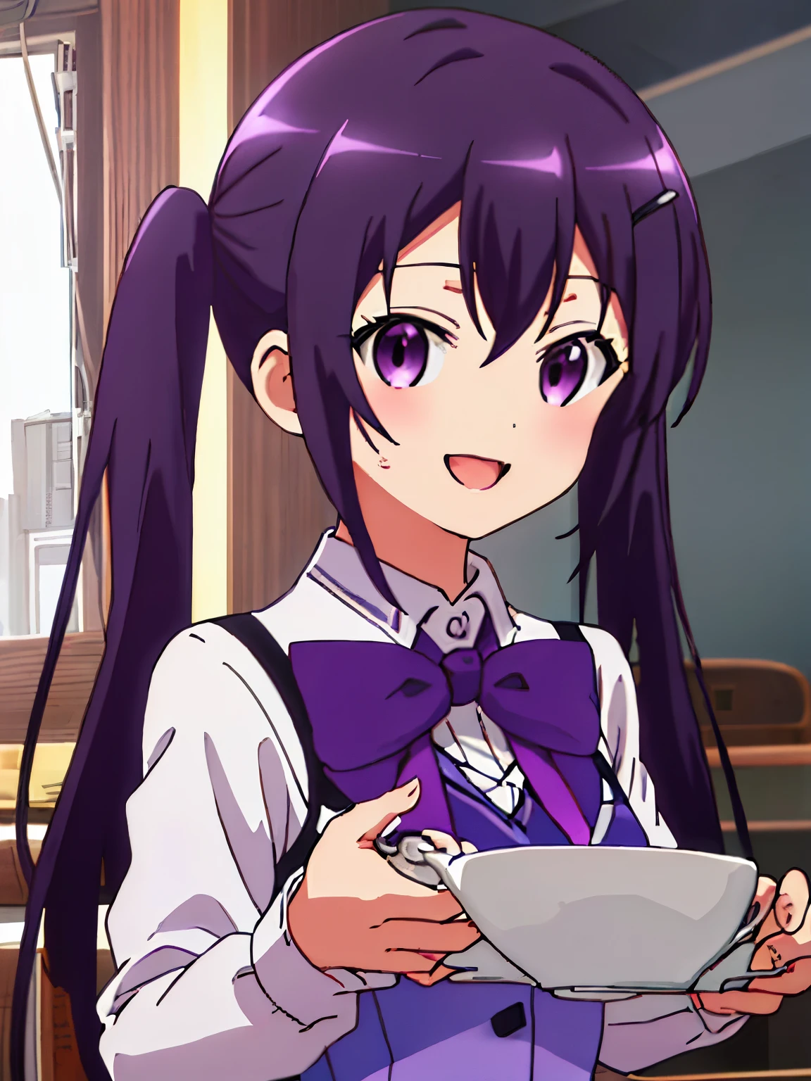 ((((ultra illustrated style:1.0)))),best quality,best animated,masterpiece,,ray tracing, global illumination,1girl, solo,upper body, looking at viewer,cafe, twintails,open mouth,rabbit house uniform,smile, collared shirt, shirt, white shirt, purple vest, purple bow, bow, vest, hair ornament, hairclip, long sleeves, purple bowtie, bowtie, wing collar, buttons, Holding a cup of coffee in hand,