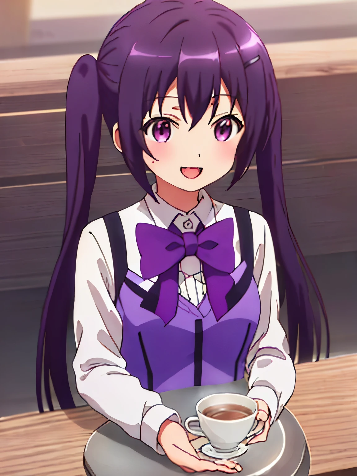 ((((ultra illustrated style:1.0)))),best quality,best animated,masterpiece,,ray tracing, global illumination,1girl, solo,upper body, looking at viewer,cafe, twintails,open mouth,rabbit house uniform,smile, collared shirt, shirt, white shirt, purple vest, purple bow, bow, vest, hair ornament, hairclip, long sleeves, purple bowtie, bowtie, wing collar, buttons, Holding a cup of coffee in hand,