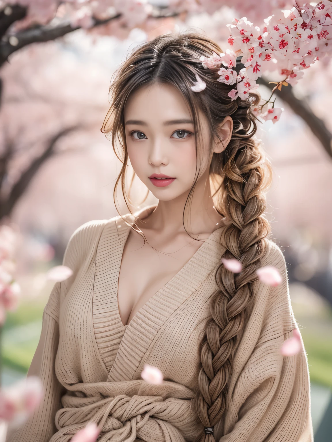 (masterpiece, best quality:1.2),Sexy sweater，Eyes are very delicate，（（（Beautiful girl with double braids））），Under the cherry blossom trees，Sakura petals are flying all over the ground，Dream style，Full body image