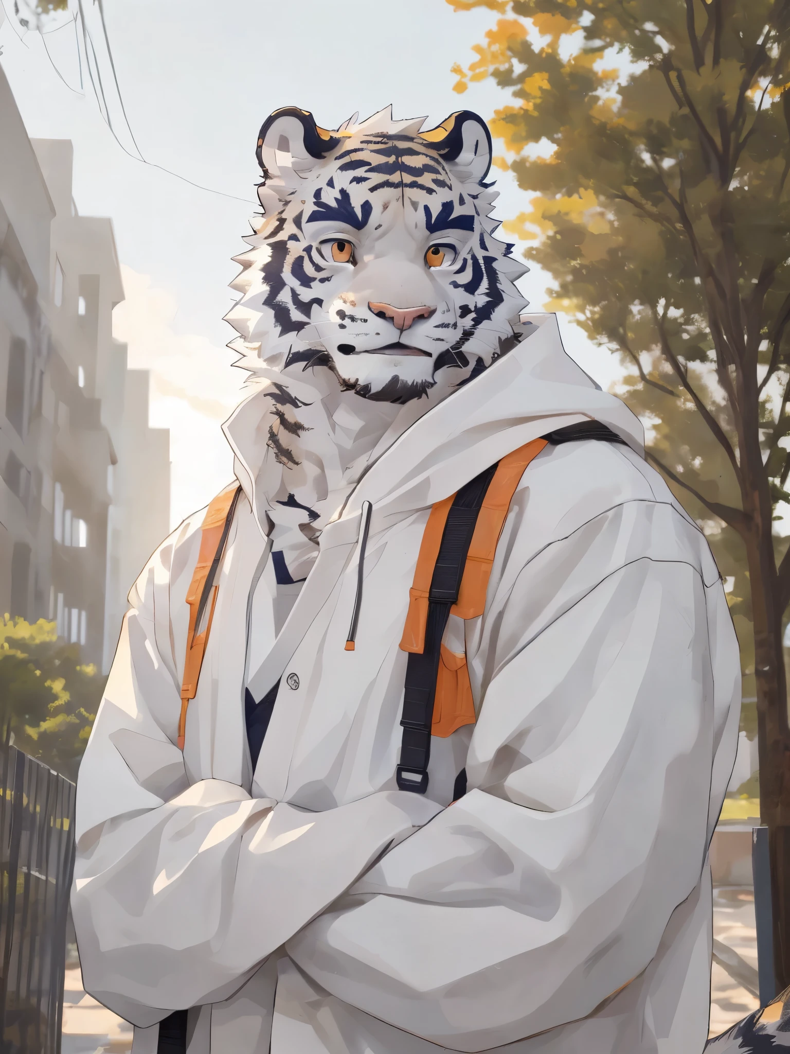 (masterpiece,best quality,Super detailed,perfect anatomy),Detailed background,Empty,hairy,Kanno, ,sharp focus,白色tiger，through empty ghost, rest 阳光,external,campus, alone,alone ，male,male ,Humanity,Cats,tiger,muscular,rest (white fur:1.5,white body:1.5),looking at the audience,delicate eyes, clothed,Wear casual clothing for the best weather,golden pupils